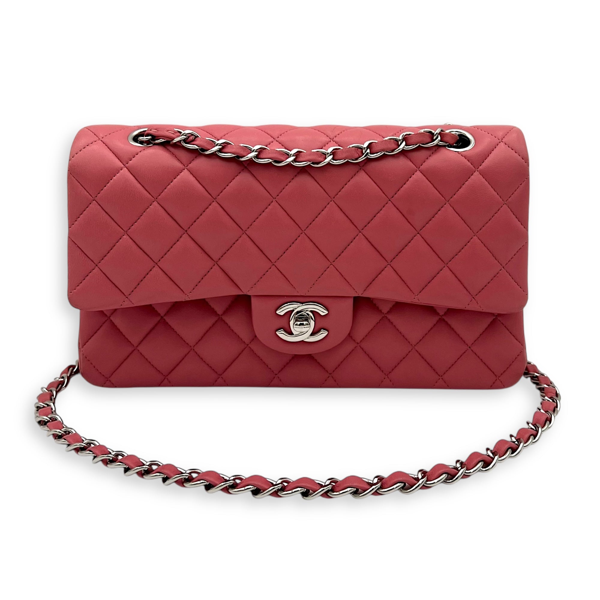 Chanel Classic Medium Pink Shoulder Bag in Lambskin, Silver hardware_15