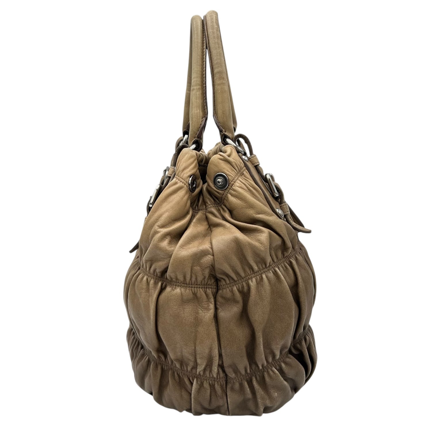 Prada Gaufre Top Handle Bag Brown in Calfskin, Silver hardware_3