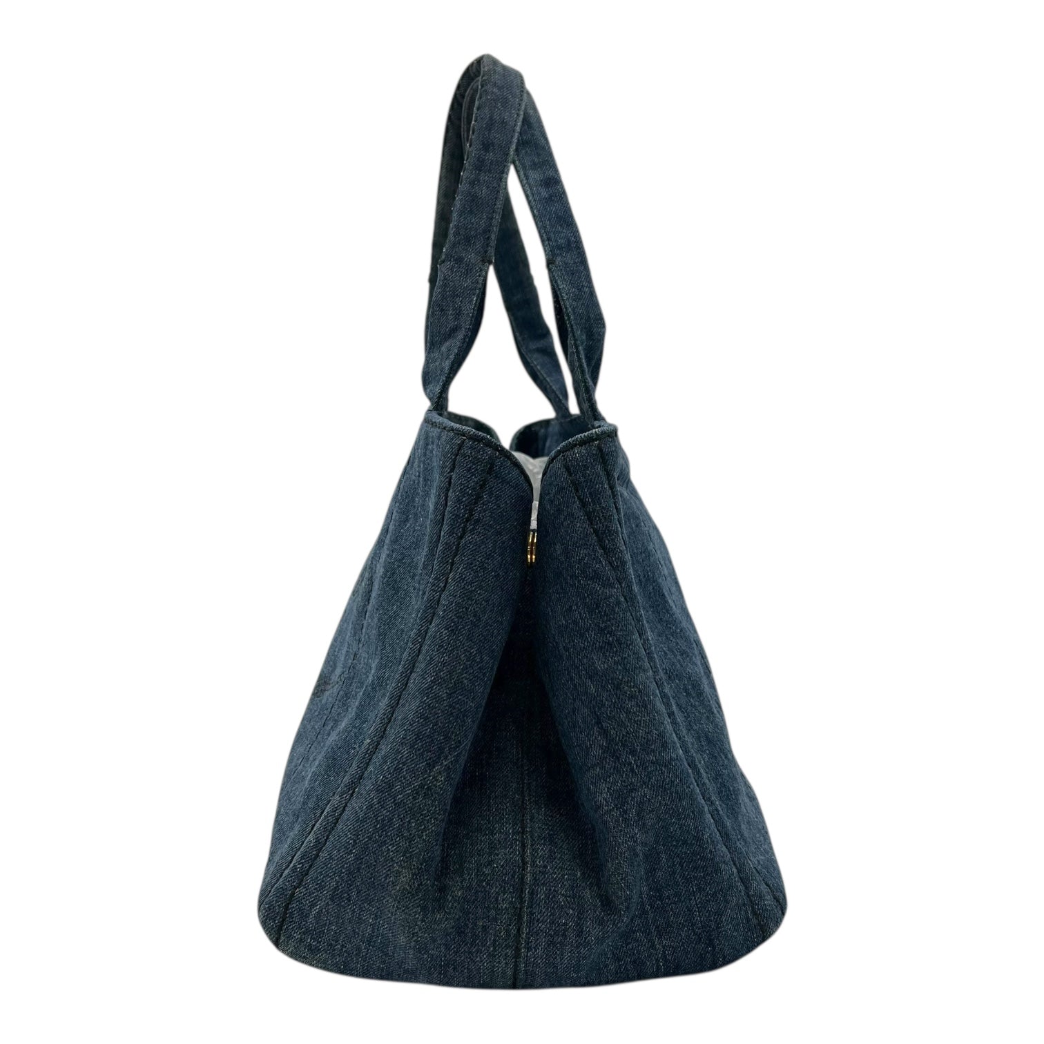 Prada Canapa Top Handle Bag Blue in Denim, Gold hardware_3