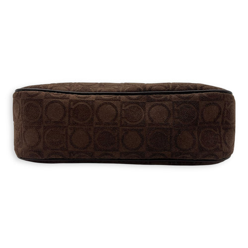 Salvatore Ferragamo Gancini Brown Shoulder Bag in Fabric, Silver hardware_5