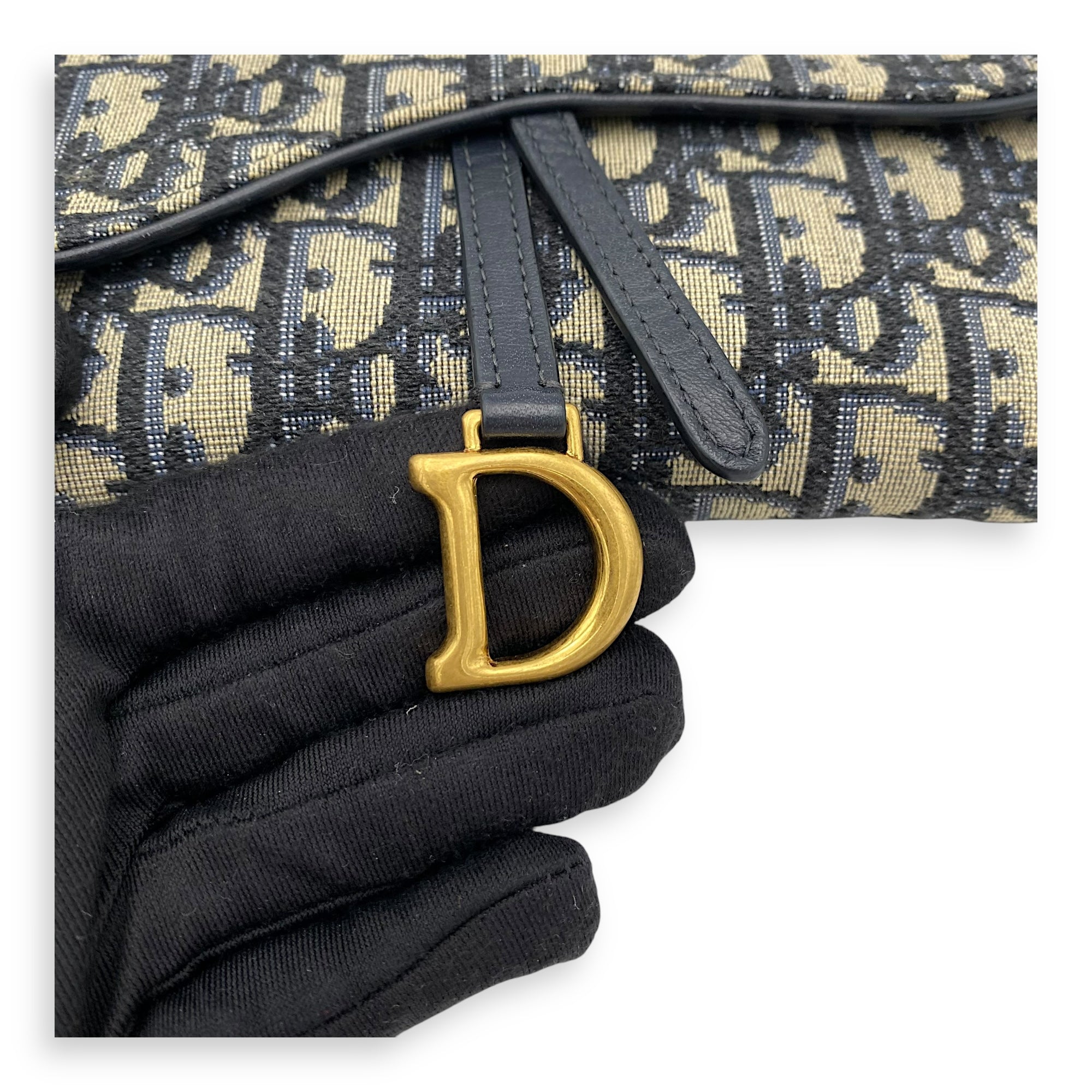 Christian Dior Saddle Wallet On Chain Blue in Jacquard, Gold hardware_9