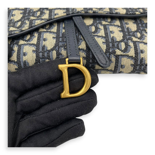 Christian Dior Saddle Wallet On Chain Blue in Jacquard, Gold hardware_9