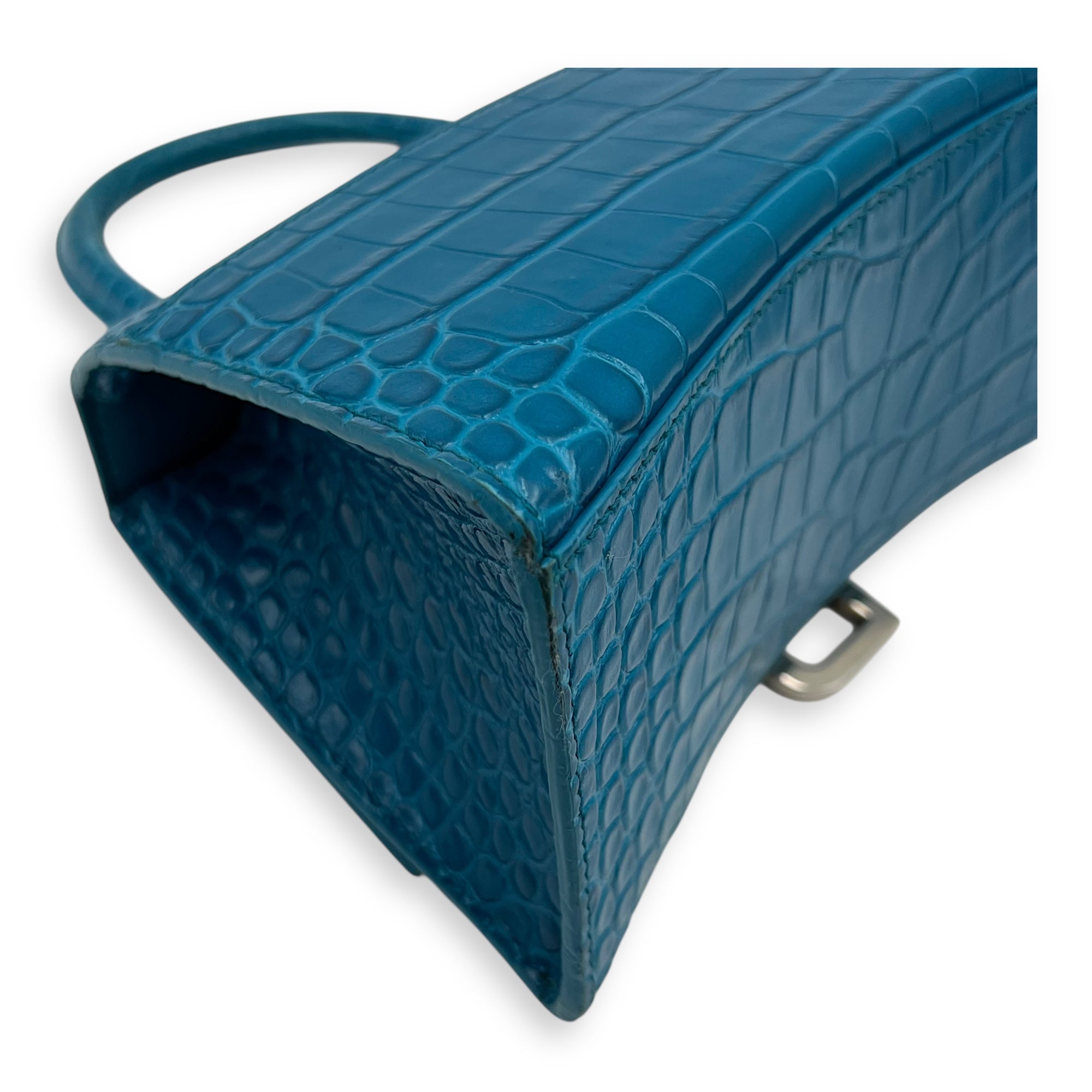 Balenciaga Hourglass Top Handle Bag Blue in Crocodile Embossed Calfskin, Silver hardware_9