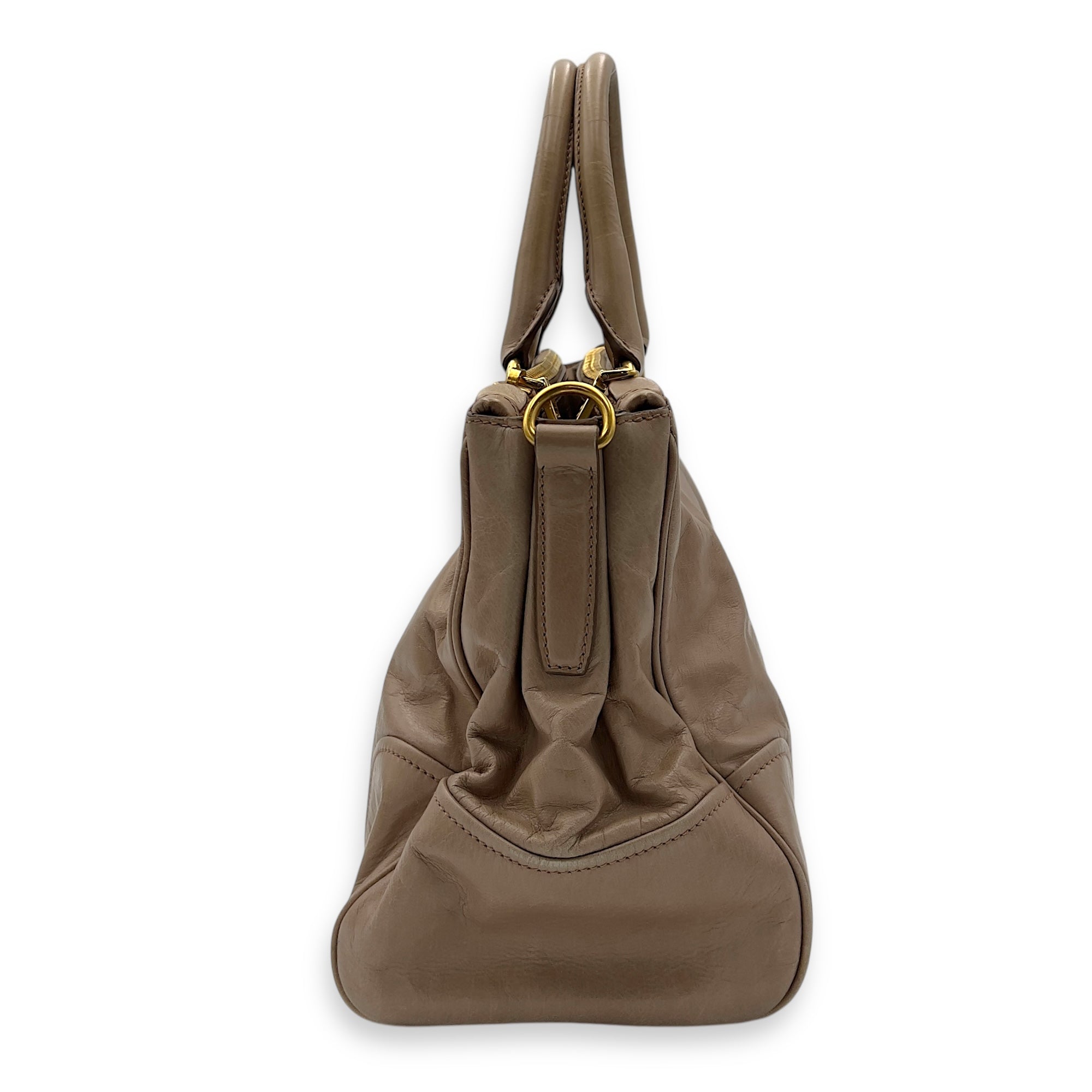 Prada Logo Top Handle Bag Beige in Calfskin, Gold hardware_3
