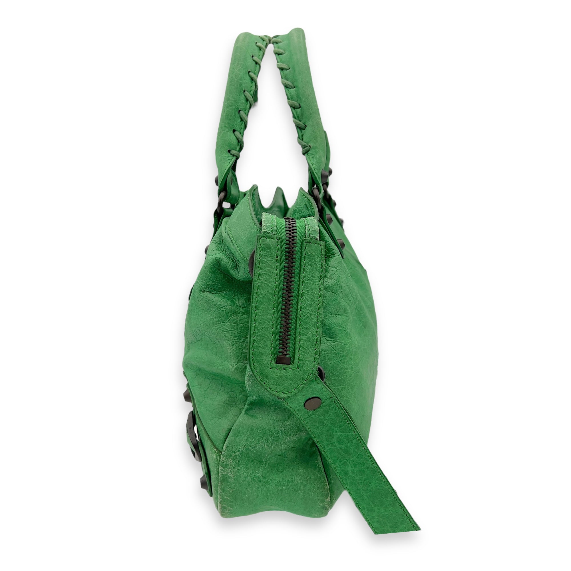 Balenciaga Motorcycle Town Green Top Handle Bag in Distressed Leather, Gunmetal hardware_3