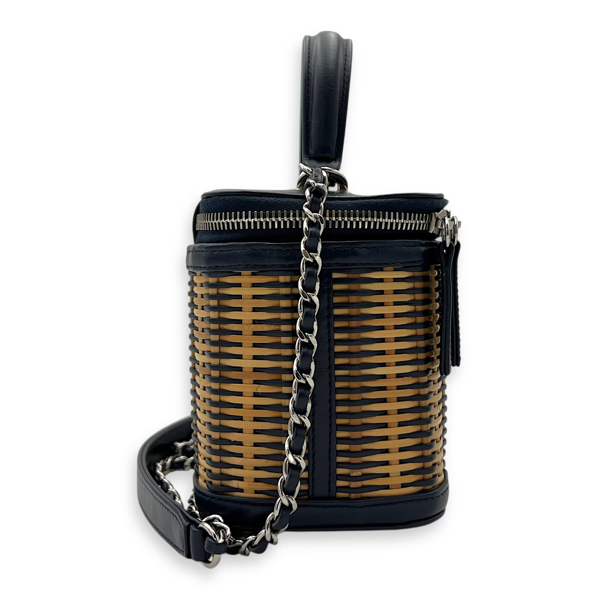 Chanel Vanity Crossbody Bag Blue in Rattan, Gold hardware_3