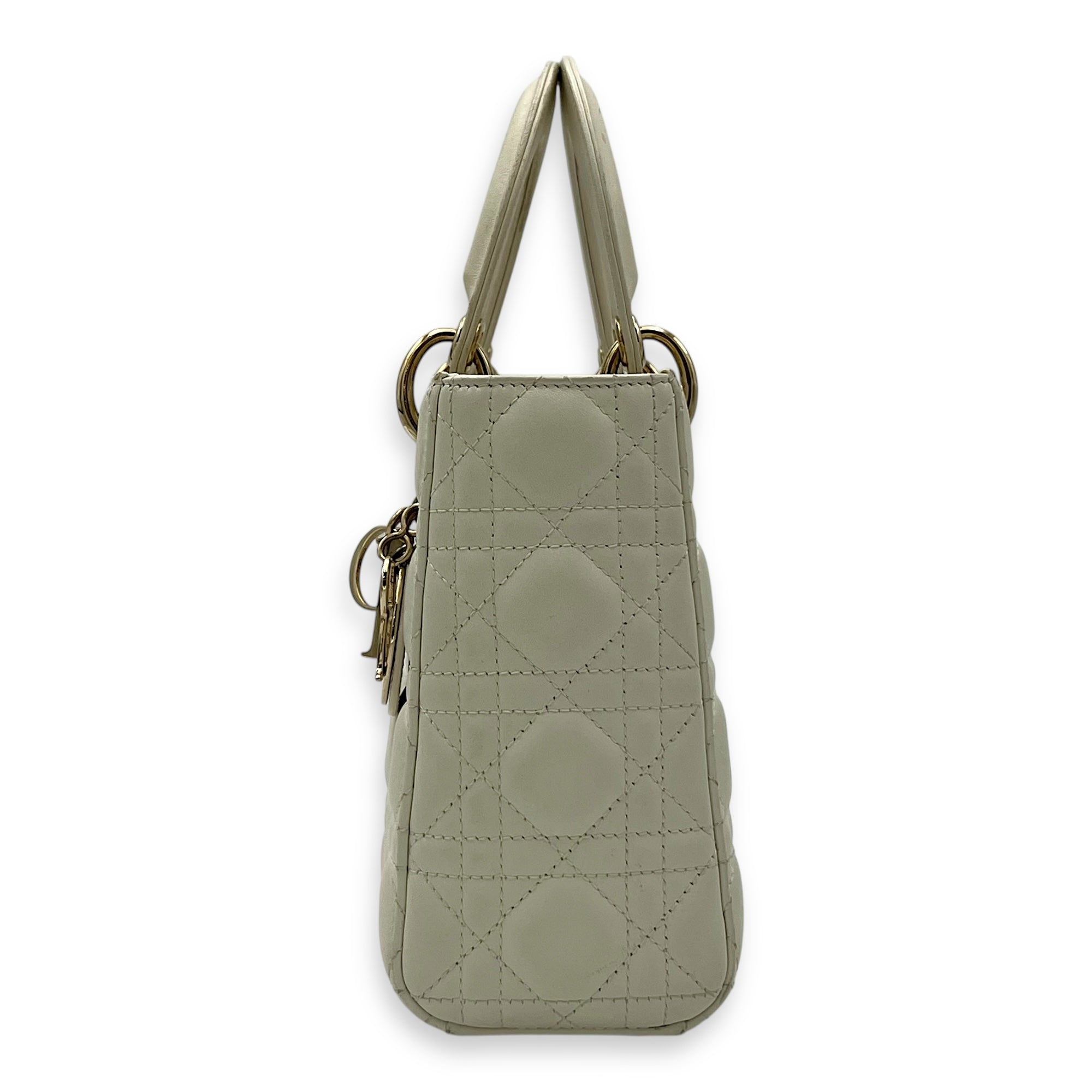 Christian Dior Lady Dior Small White Top Handle Bag in Lambskin, Gold hardware_3