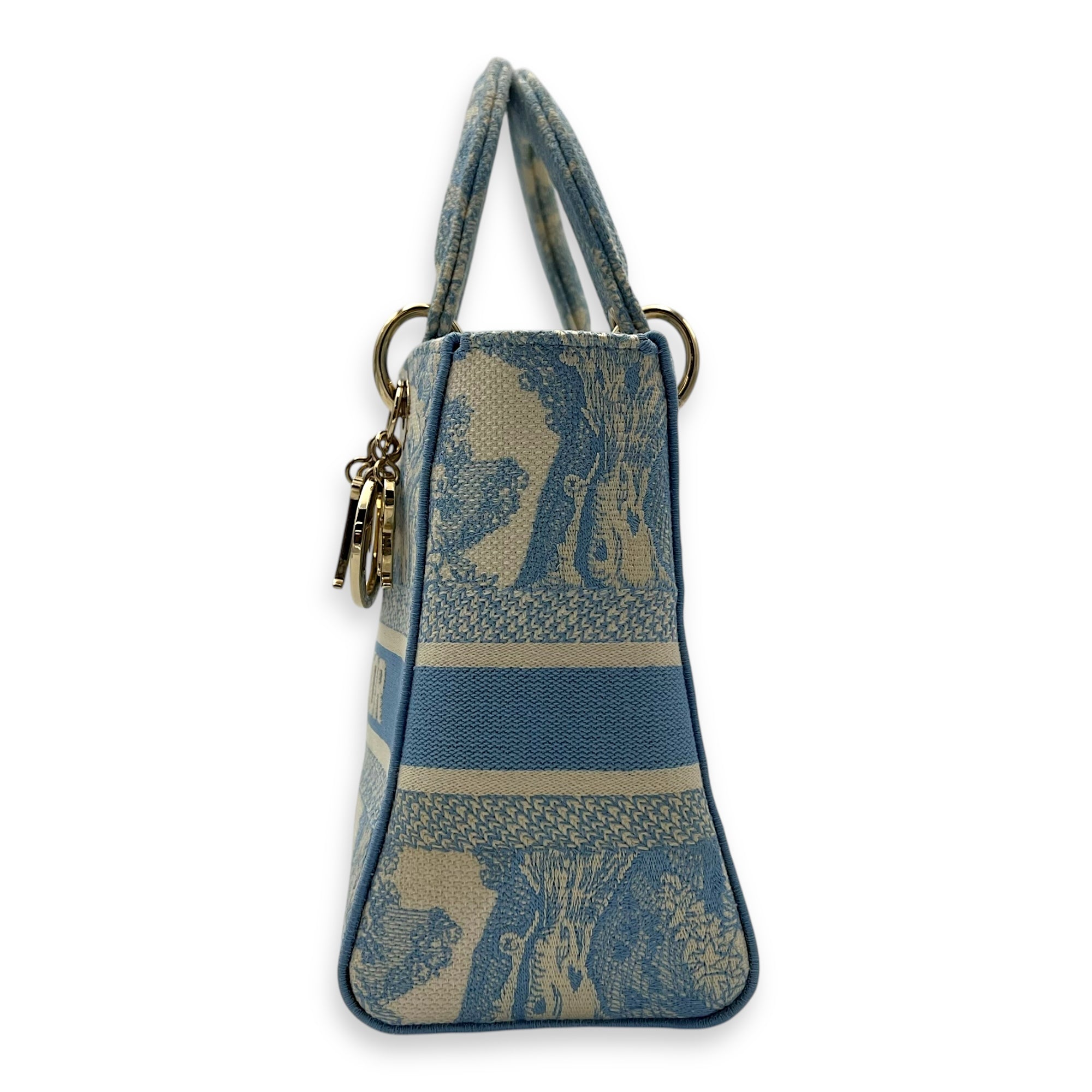 Christian Dior D-Lite Top Handle Bag Blue in Jacquard, Gold hardware_3