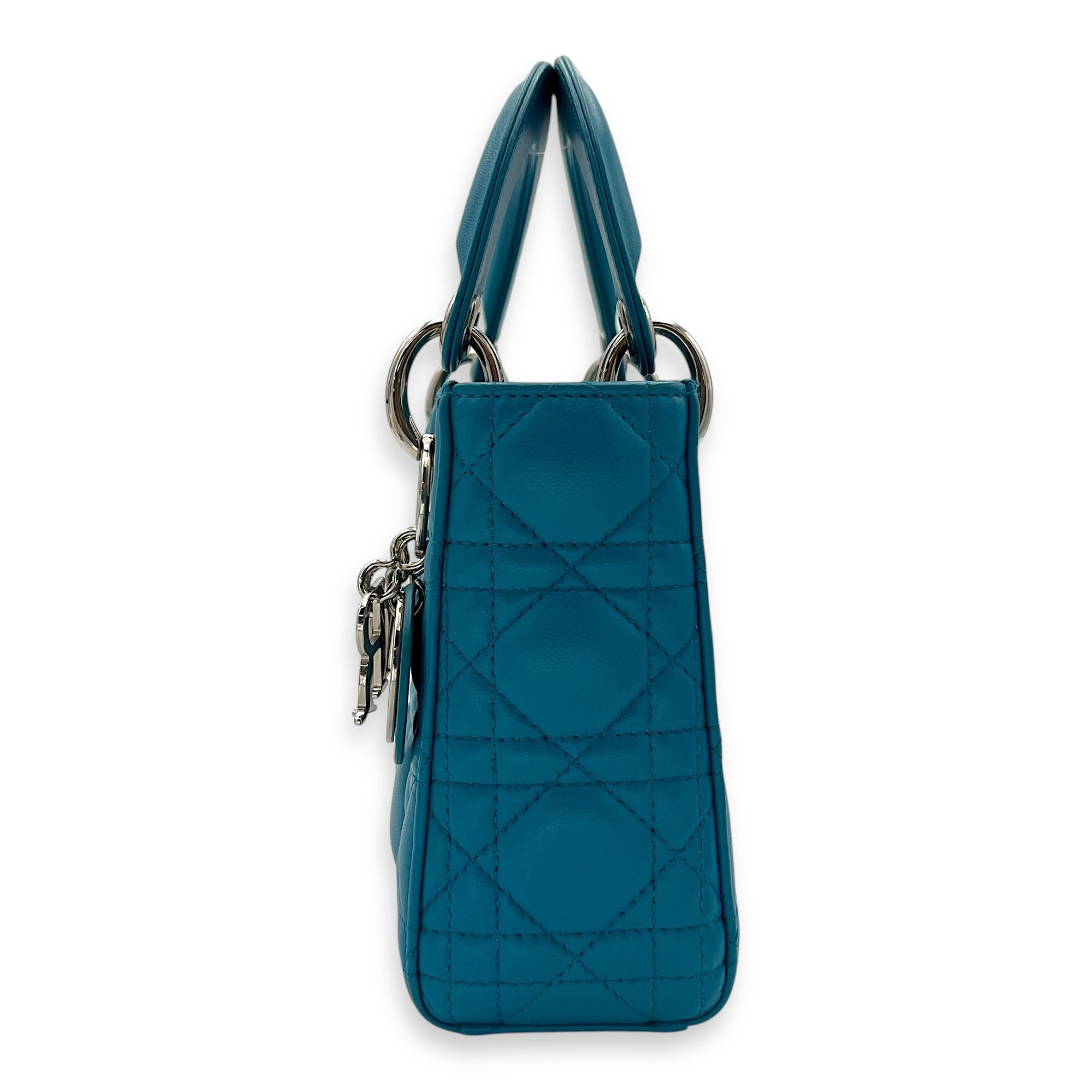 Christian Dior Lady Dior Top Handle Bag Mini Blue in Lambskin, Silver hardware_3