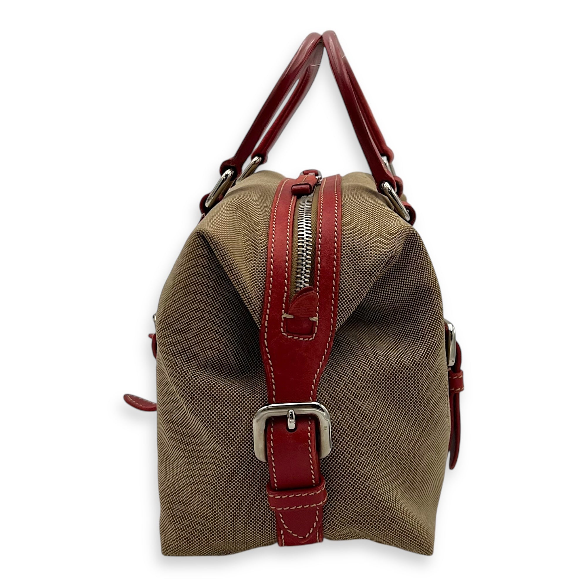 Prada Logo Top Handle Bag Brown in Canvas, Silver hardware_3