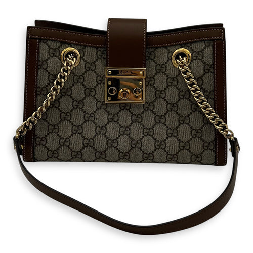 Gucci Padlock Brown Shoulder Bag in Coated Canvas, Gold hardware_10