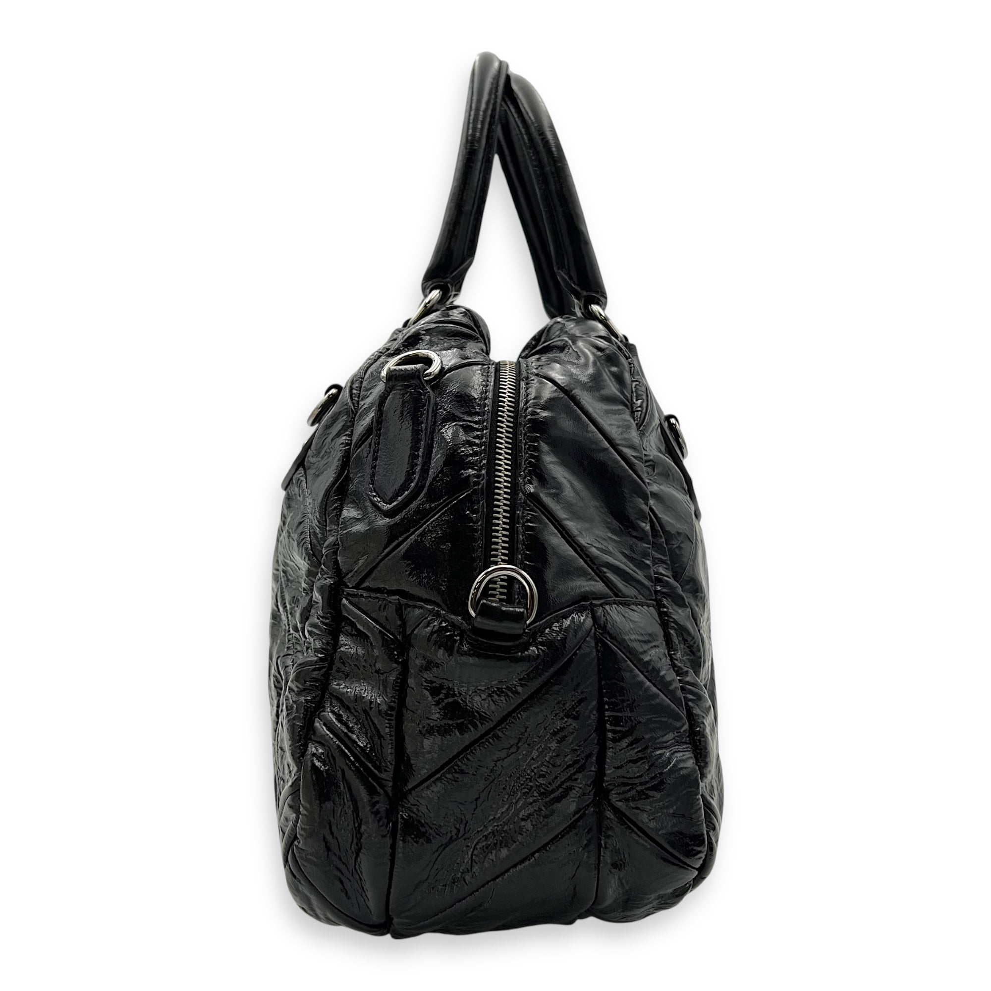 Prada Quilted Top Handle Bag Black in Glazed Calfskin, Silver hardware_3