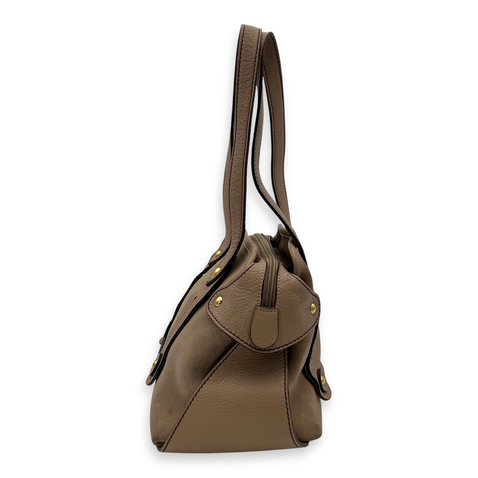 Salvatore Ferragamo Gancini Shoulder Bag Beige in Suede Leather, Gold hardware_3