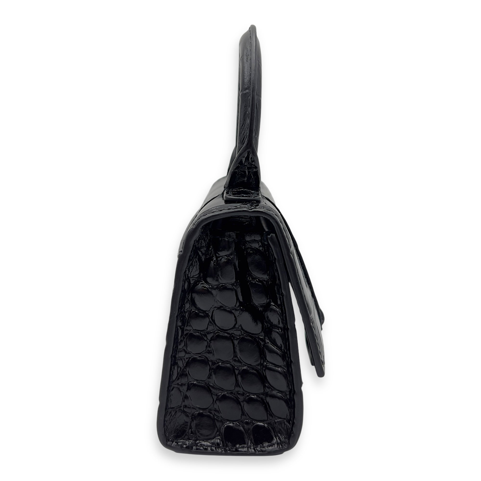 Balenciaga Hourglass Mini Black Top Handle Bag in Crocodile Embossed Calfskin, Lacquered Metal hardware_6