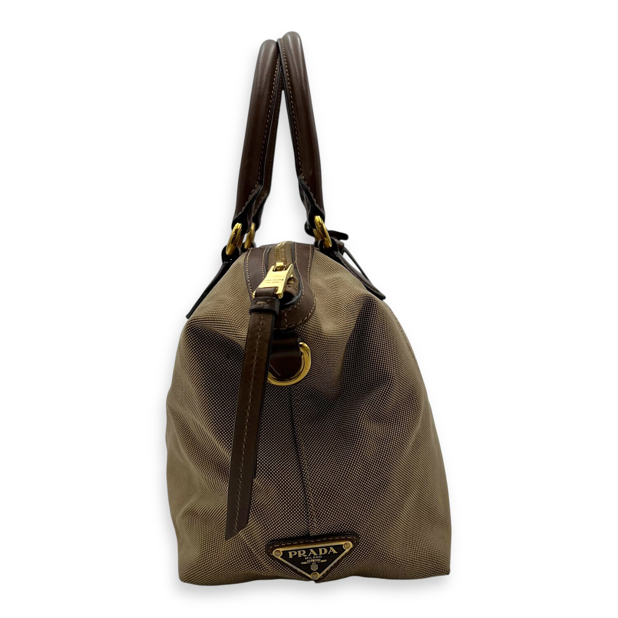 Prada Logo Small Brown Top Handle Bag in Canvas, Gold hardware_3