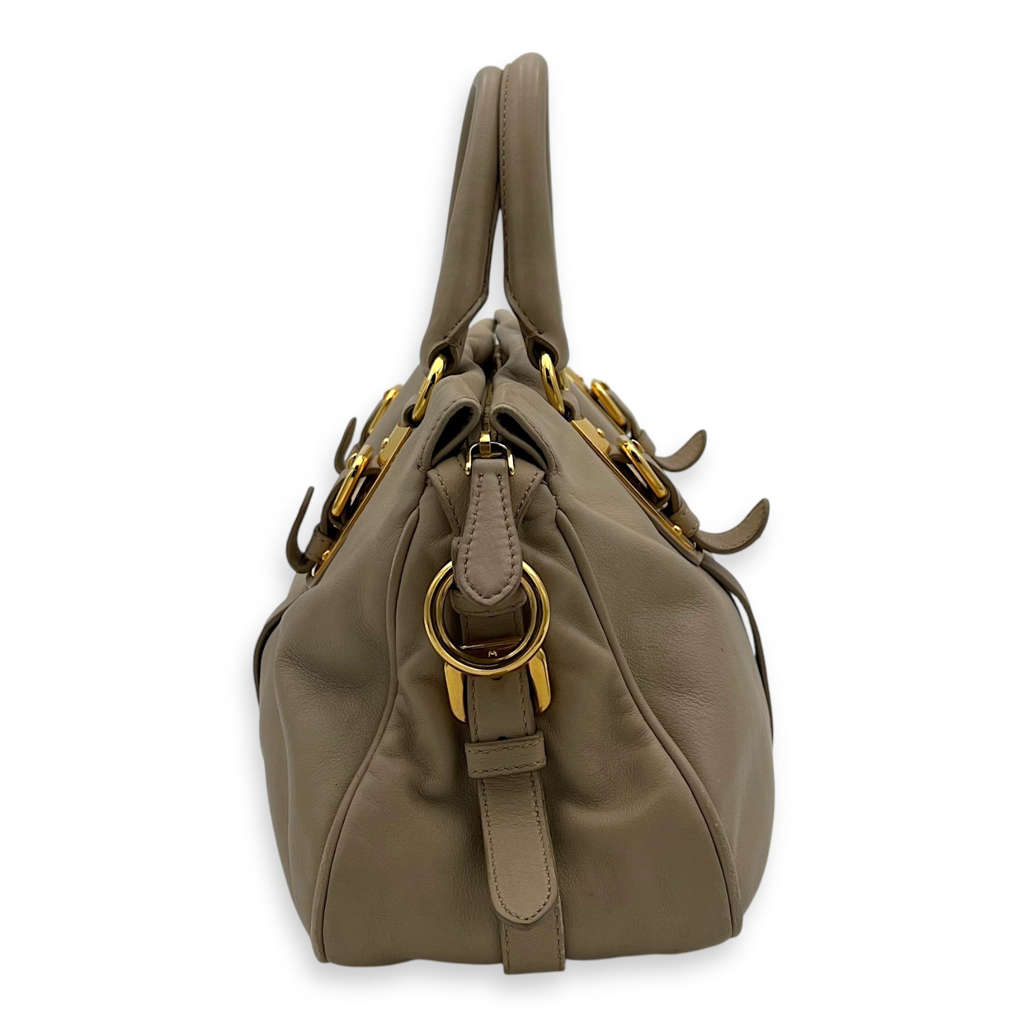 Prada Logo Top Handle Bag Beige in Calfskin, Gold hardware_3
