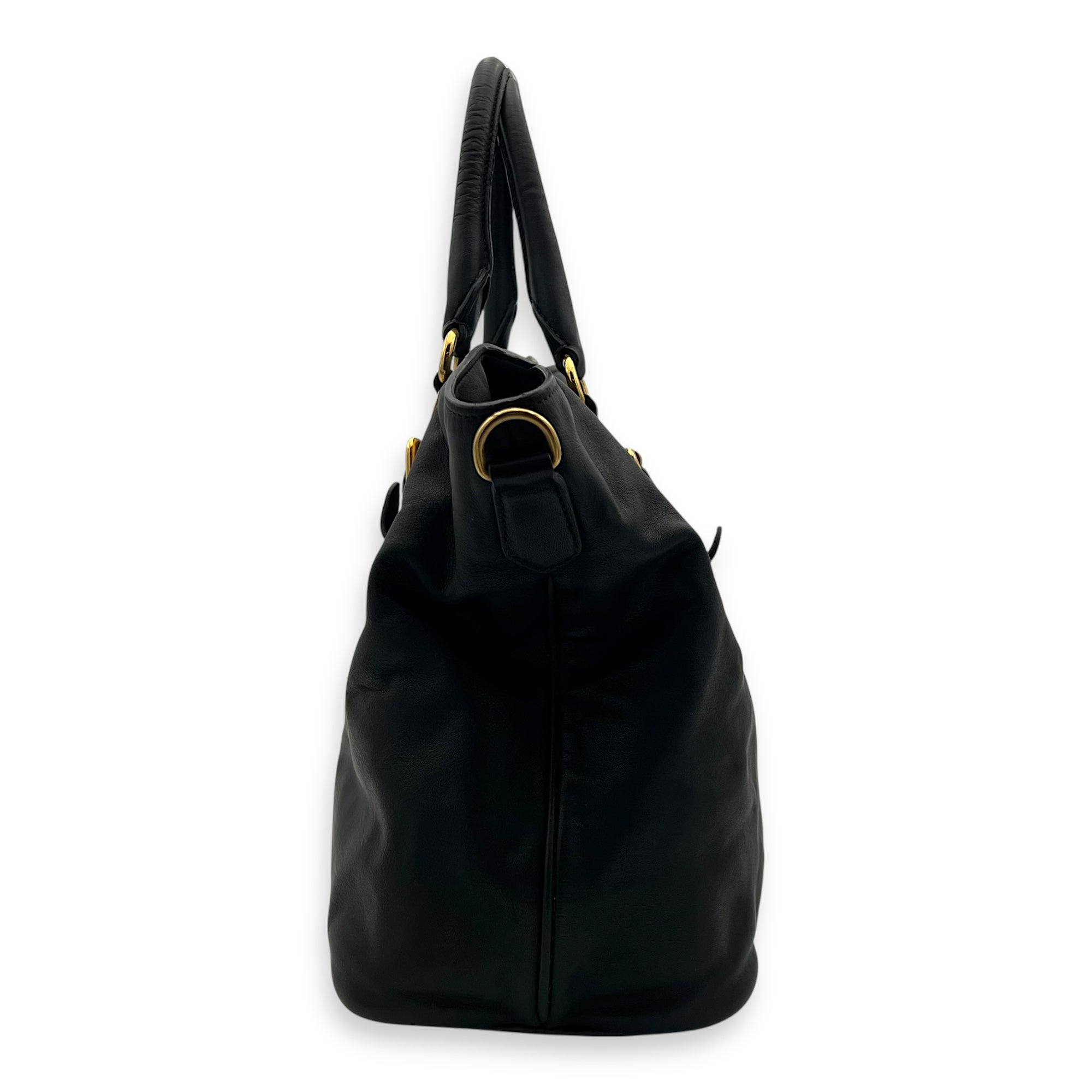 Prada Logo Top Handle Bag Black in Calfskin, Gold hardware_3