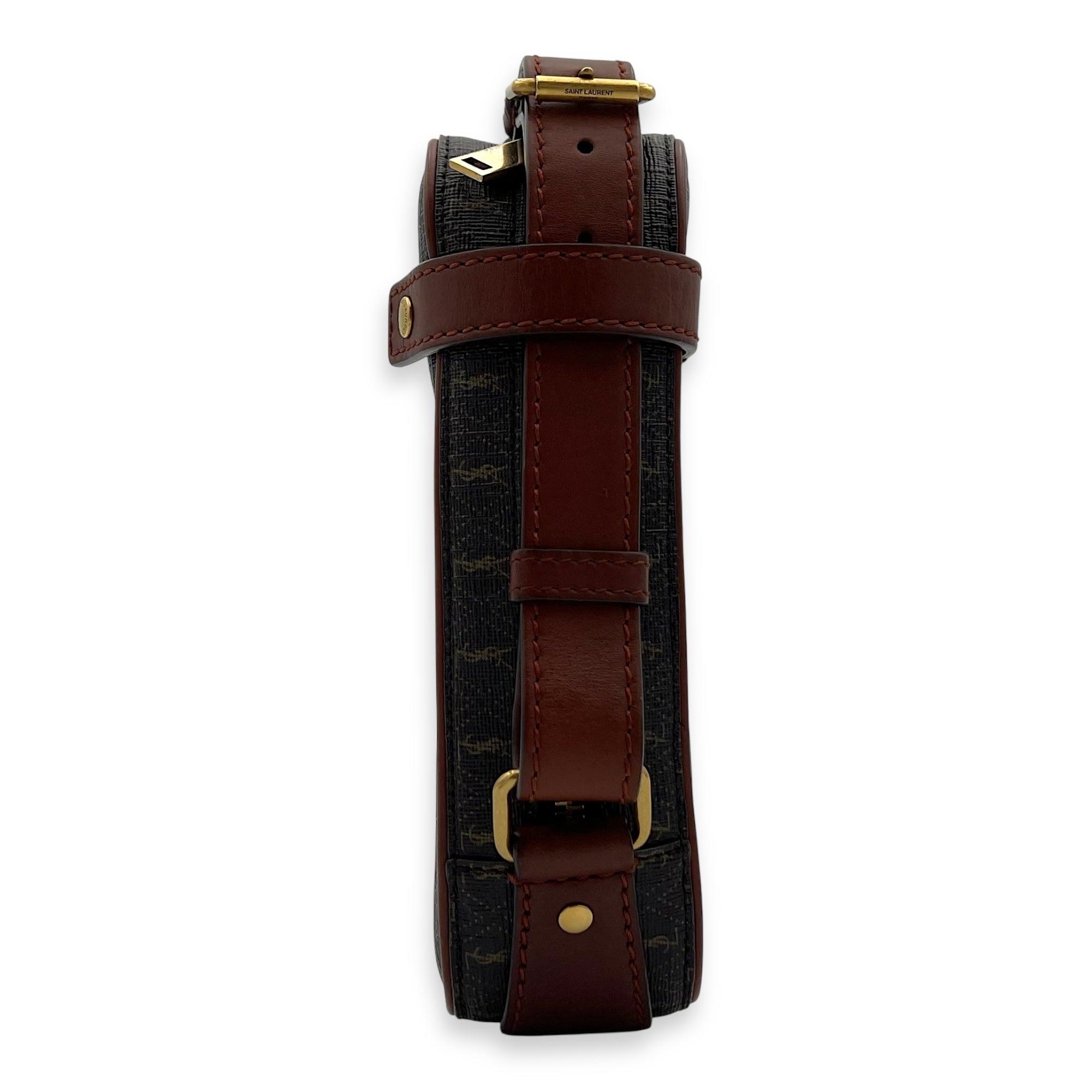 Saint Laurent Logo Crossbody Bag Brown in Coated Canvas, Gold hardware_3
