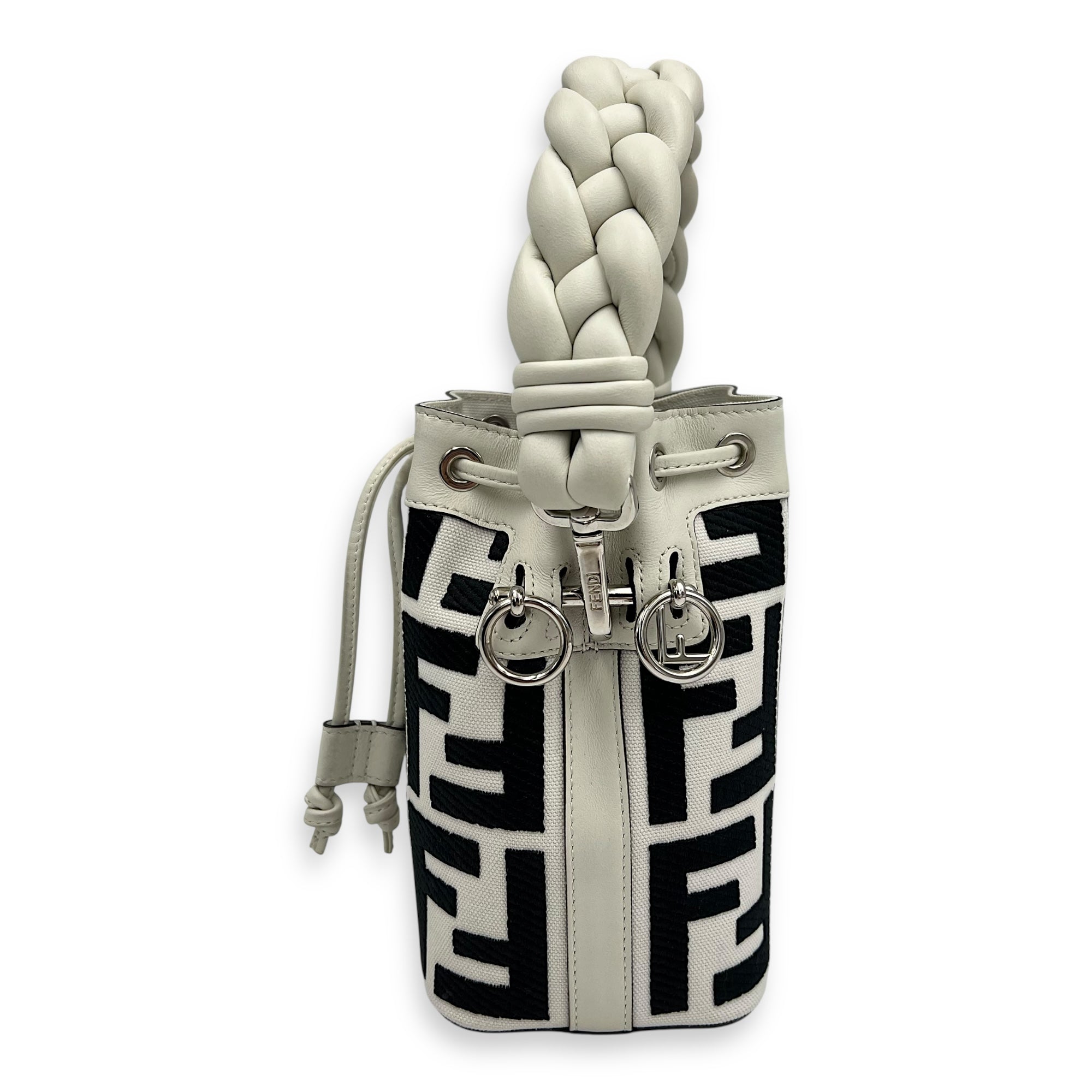 Fendi Mon Tresor White Bucket Bag in Canvas, Silver hardware_4
