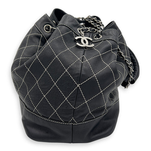 Chanel Surpique Wild Stitch Bucket Bag Black in Lambskin, Silver hardware_3