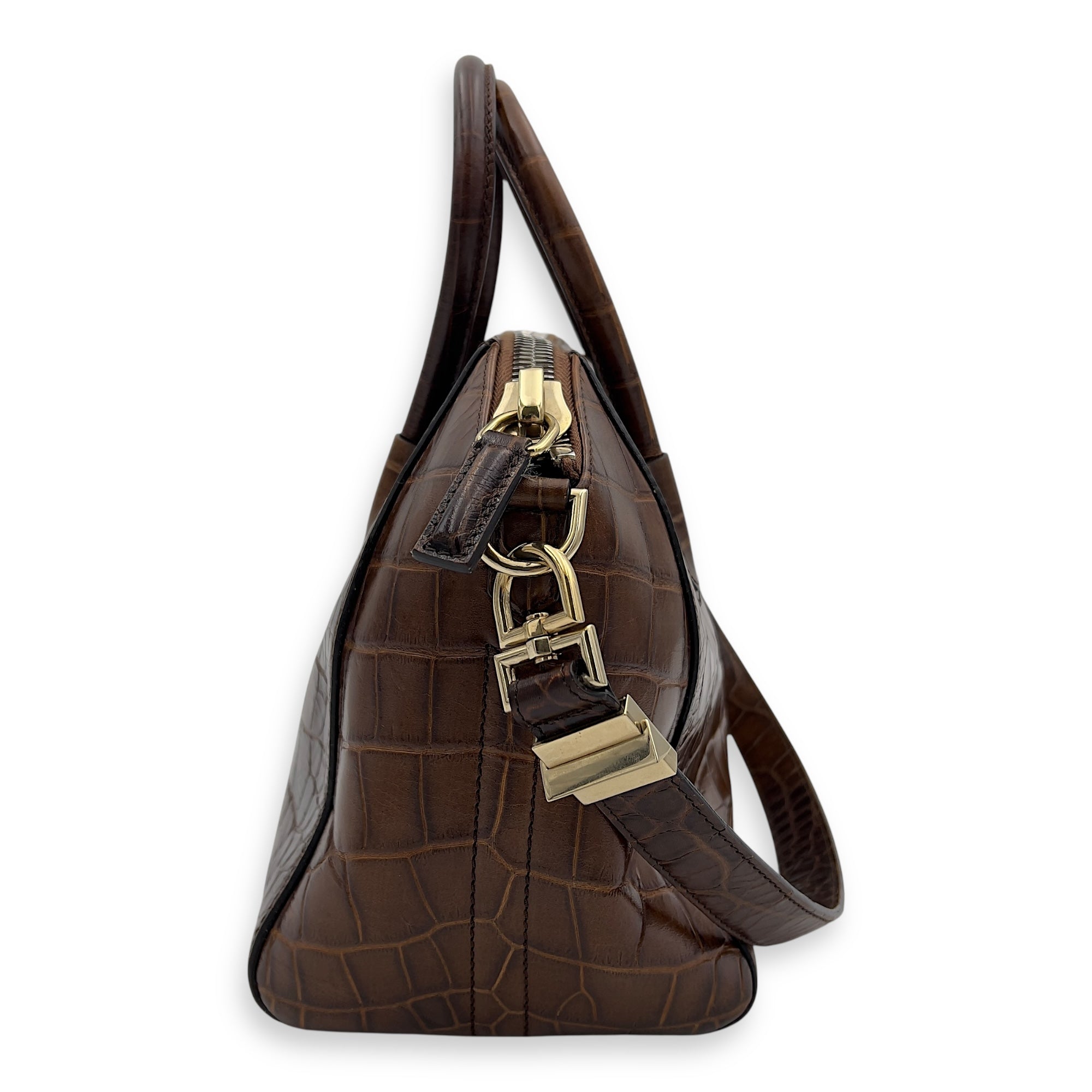 Givenchy Antigona Small Brown Top Handle Bag in Crocodile Embossed Calfskin, Gold hardware_3