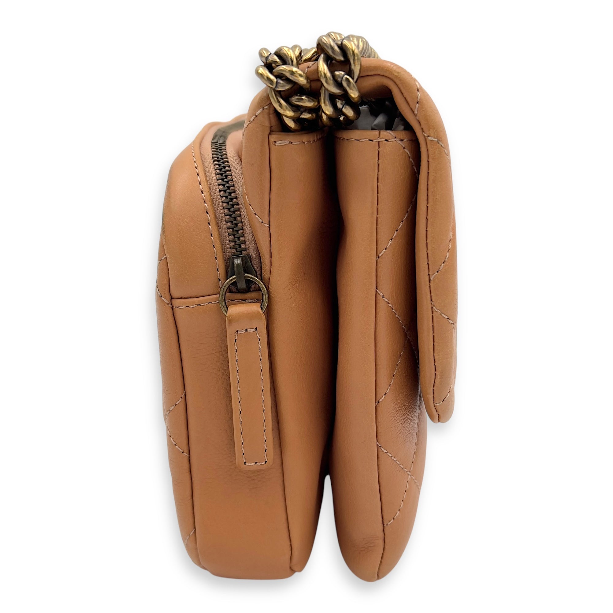 Chanel Quilted Zip Back Pocket Flap Shoulder Bag Brown in Calfskin, Gold hardware_3