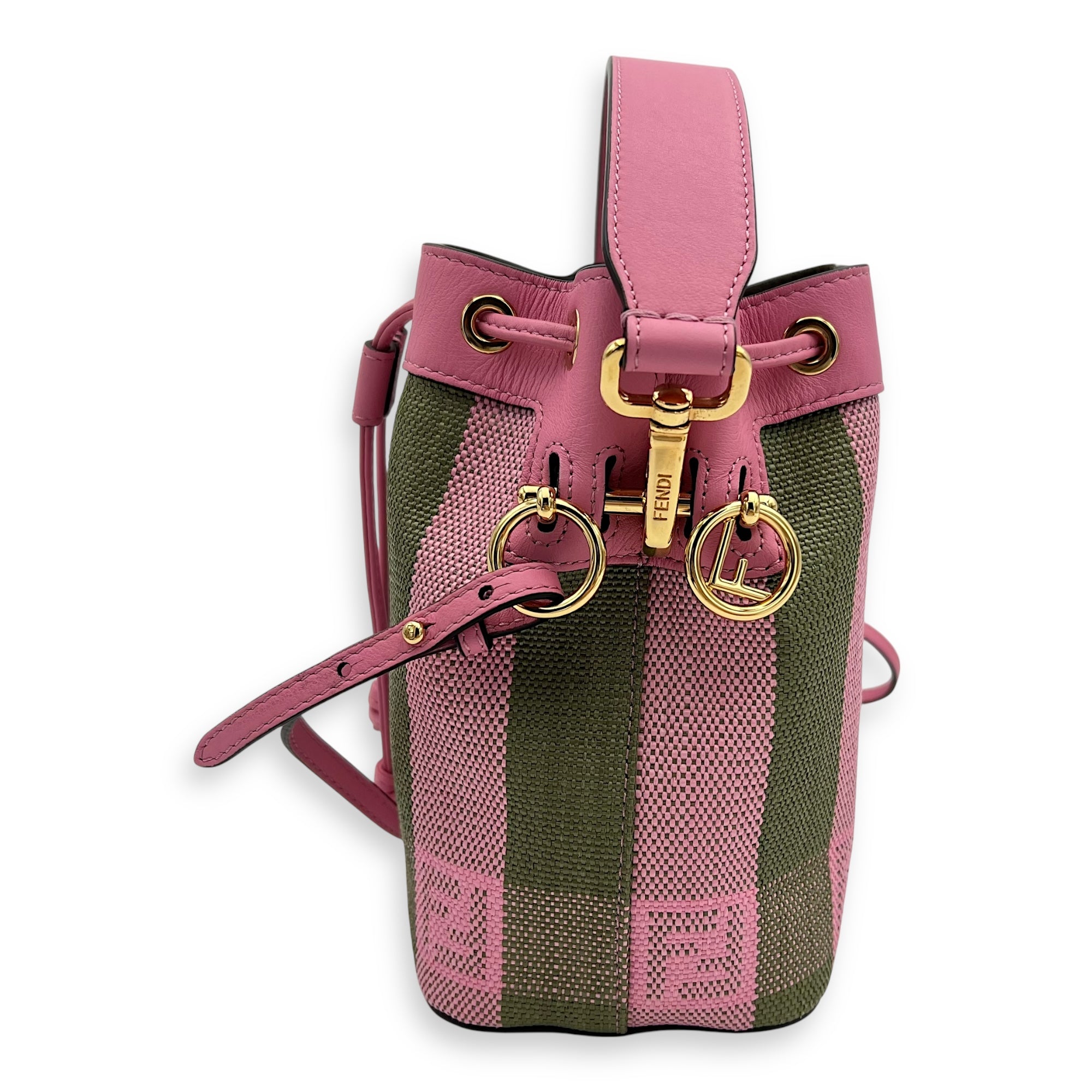 Fendi Mon Tresor Mini Pink Bucket Bag in Raffia, Gold hardware_3