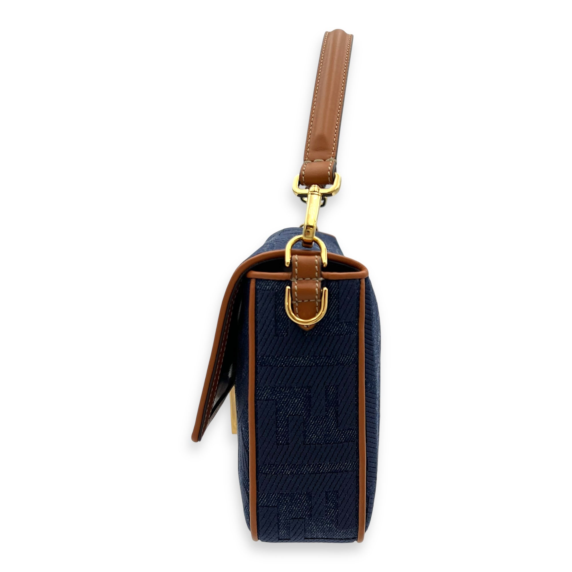 Fendi Baguette Shoulder Bag Blue in Denim, Gold hardware_10