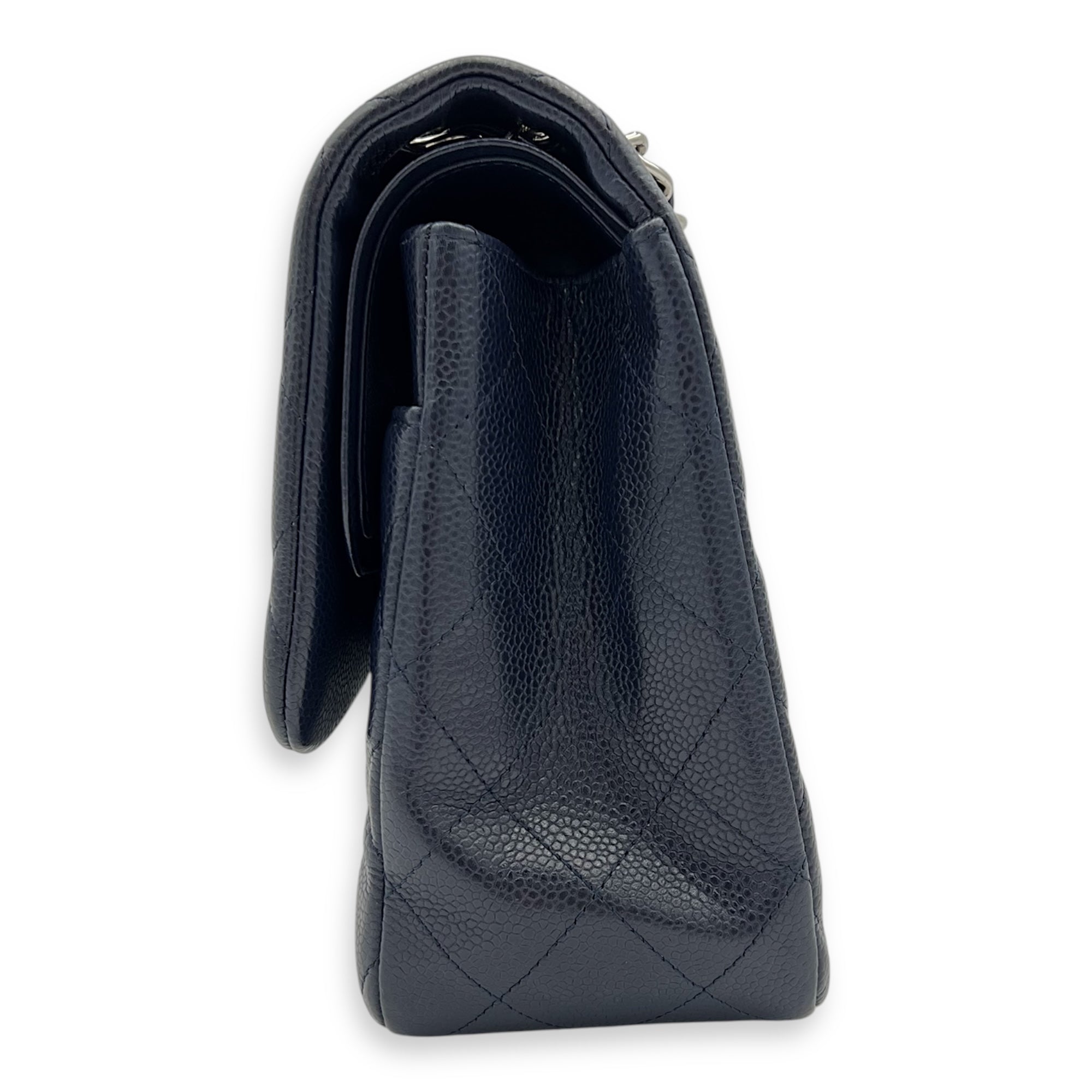 Chanel Classic Jumbo Blue Shoulder Bag in Caviar Leather, Silver hardware_8
