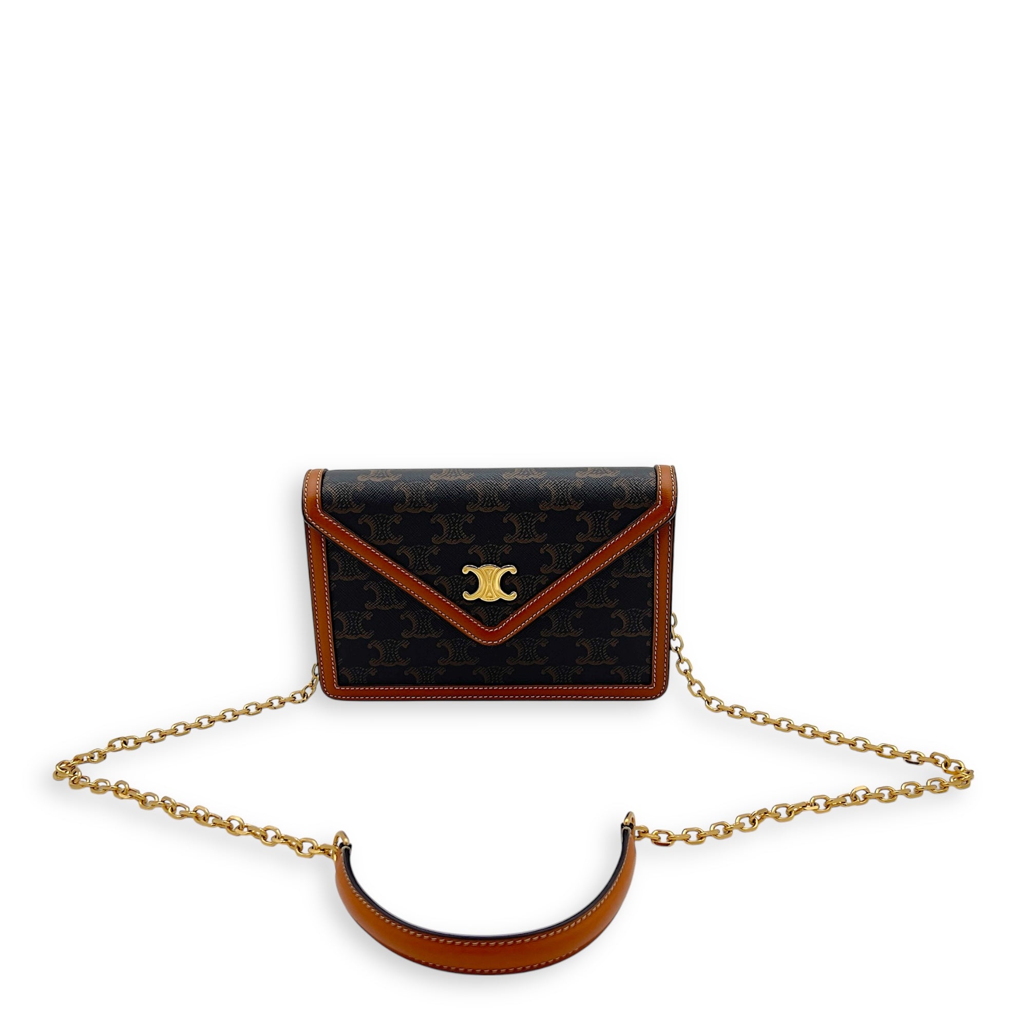 Celine Triomphe Wallet On Chain Brown in Coated Canvas, Gold hardware_13