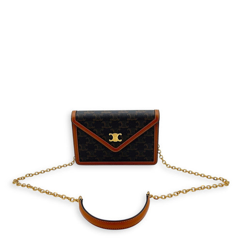 Celine Triomphe Wallet On Chain Brown in Coated Canvas, Gold hardware_13