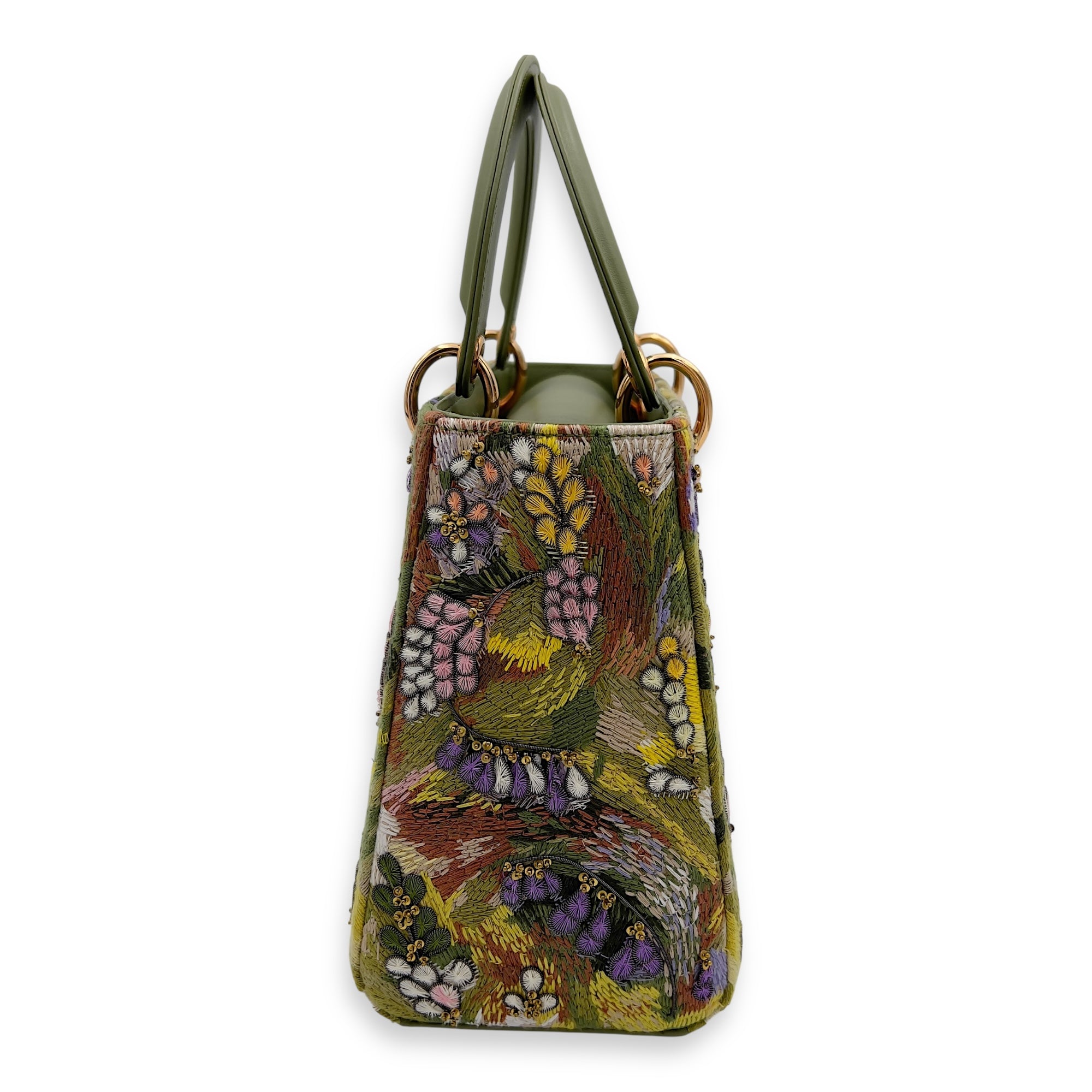 Dior Lady Dior Medium Green Top Handle Bag in Embroidered, Rose Gold hardware_3