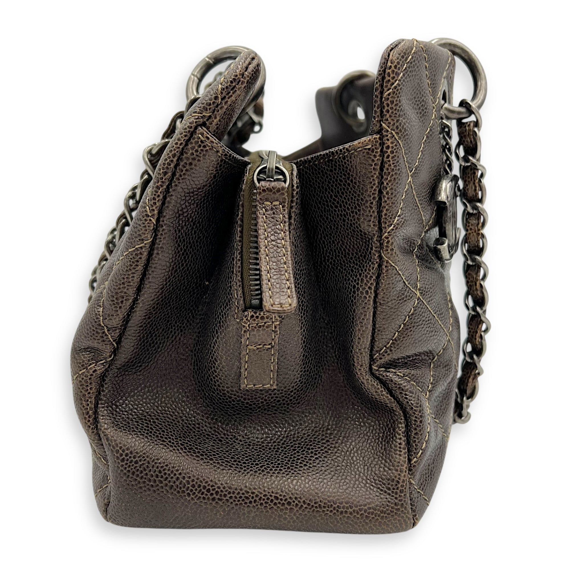 Chanel Quilted Wildstitch Tote Bag Brown in Caviar Leather, Silver hardware_3