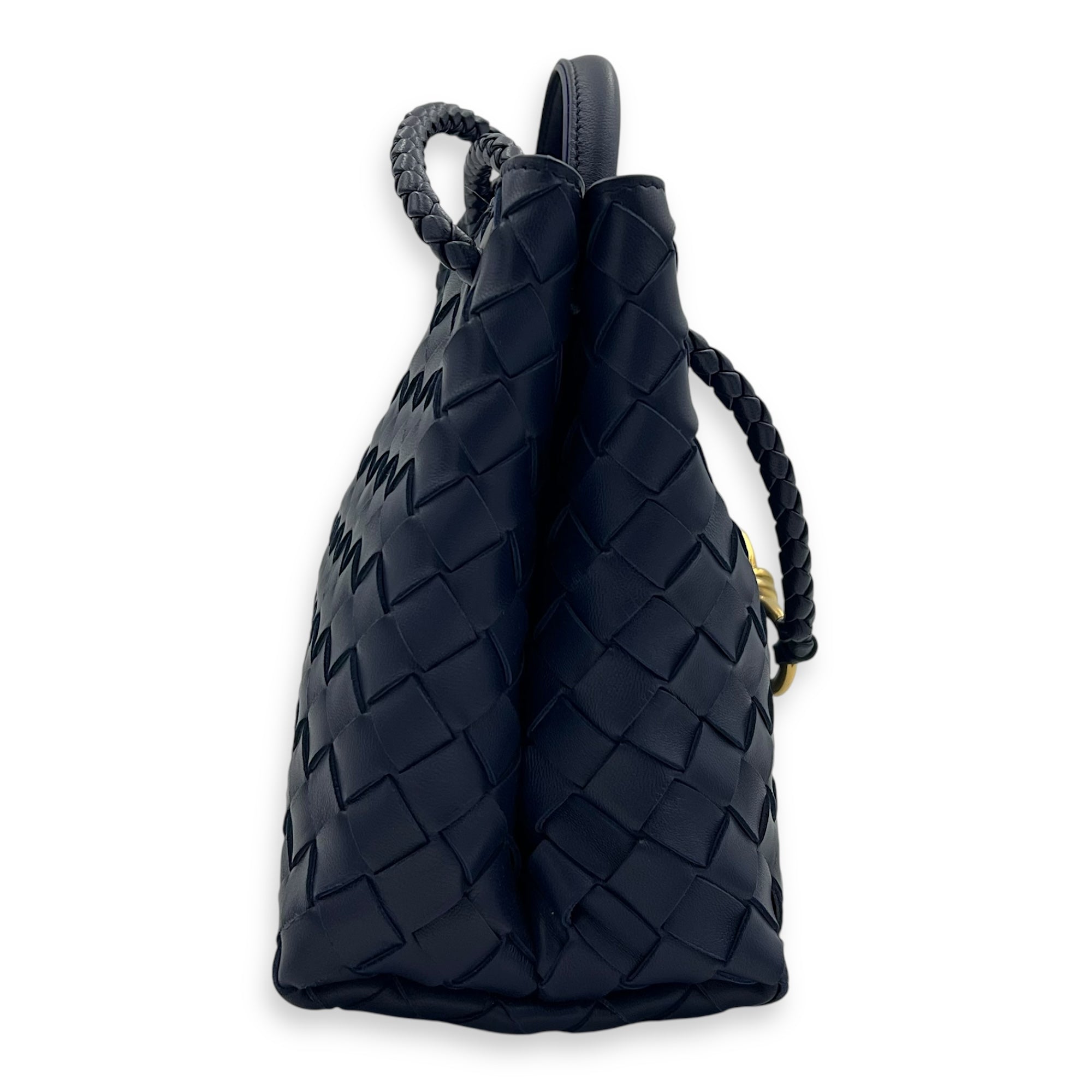 Bottega Veneta Andiamo Small Blue Top Handle Bag in Calfskin, Gold hardware_3