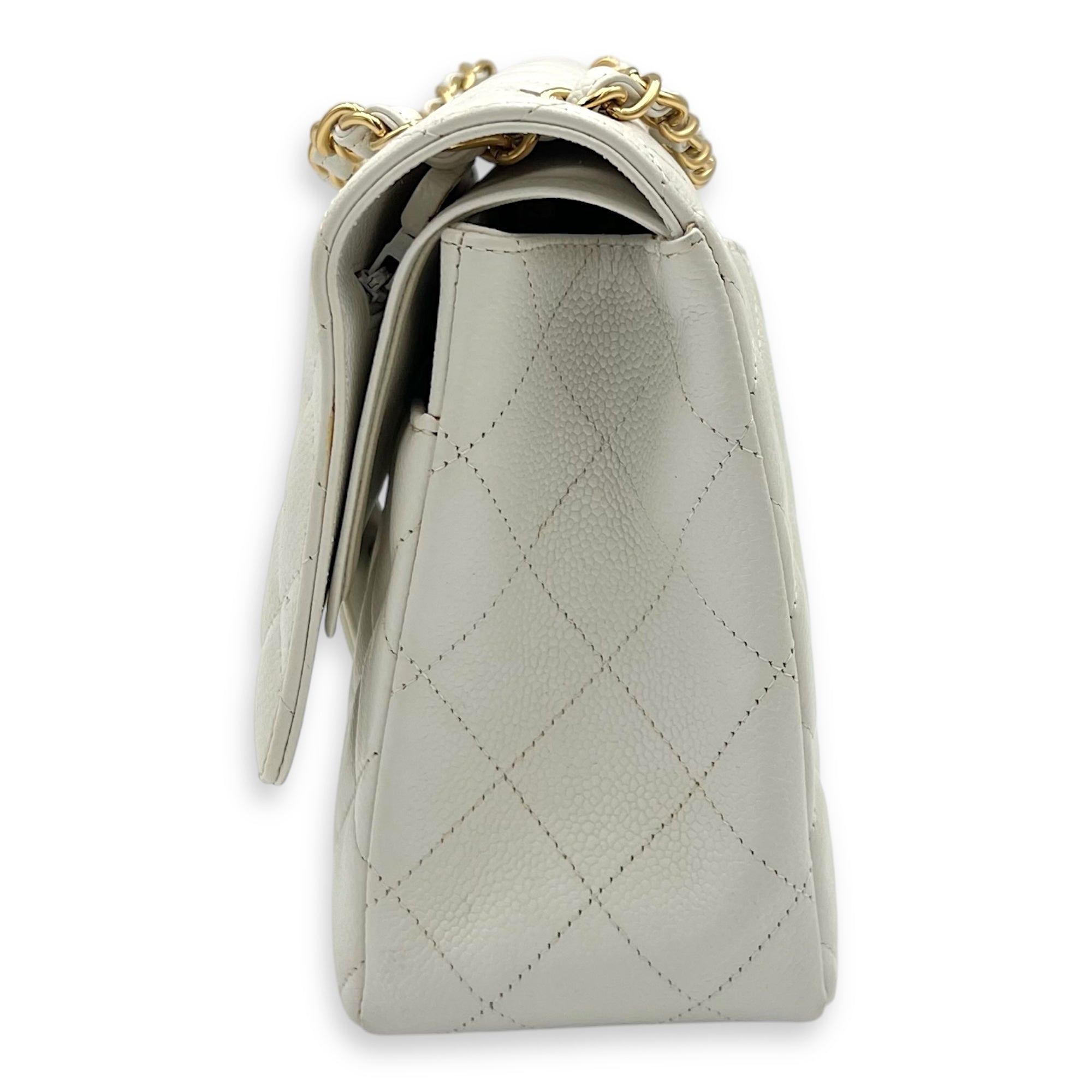 Chanel Classic Shoulder Bag Jumbo White in Caviar Leather, Gold hardware_15