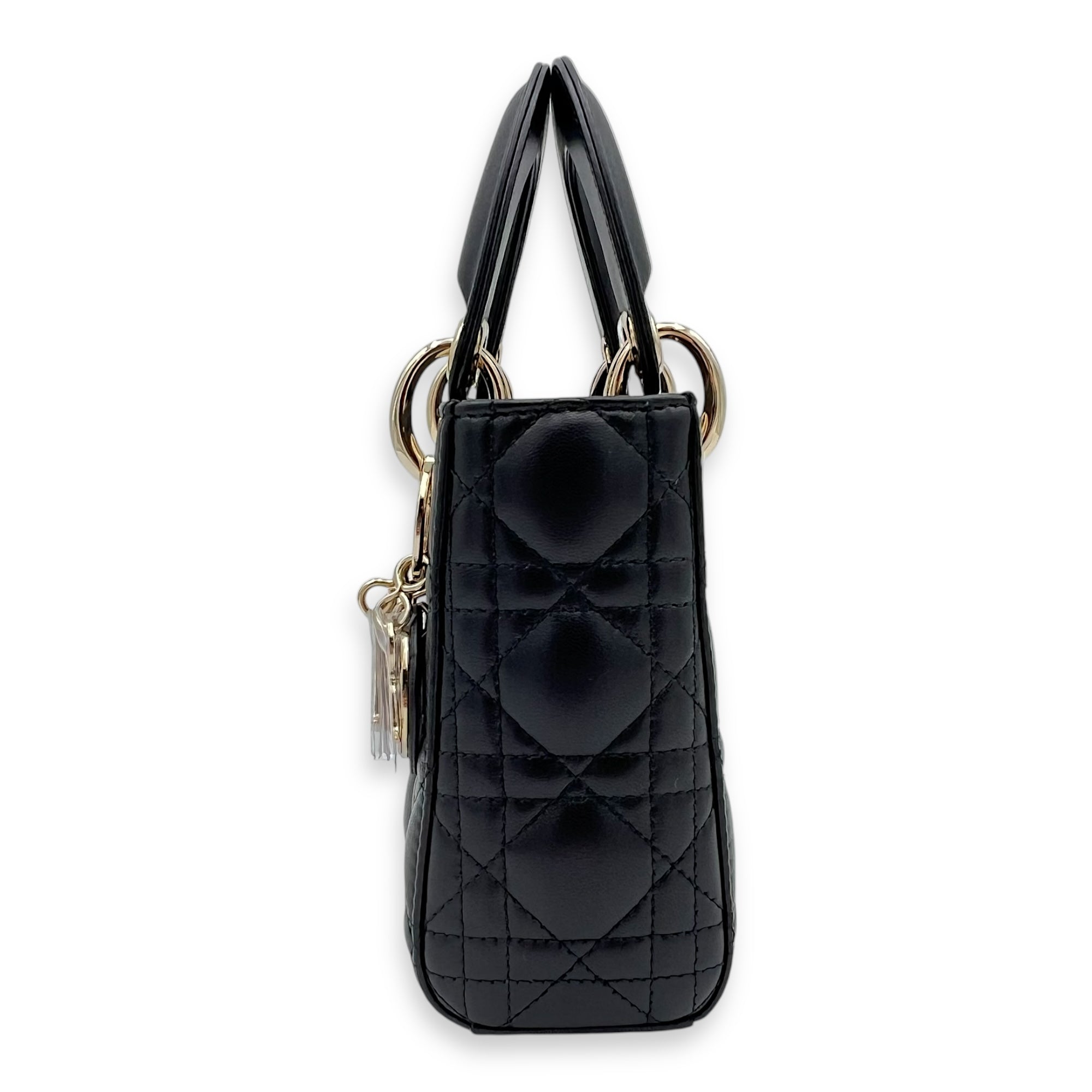 Dior Lady Dior Top Handle Bag Mini Black in Calfskin, Gold hardware_12