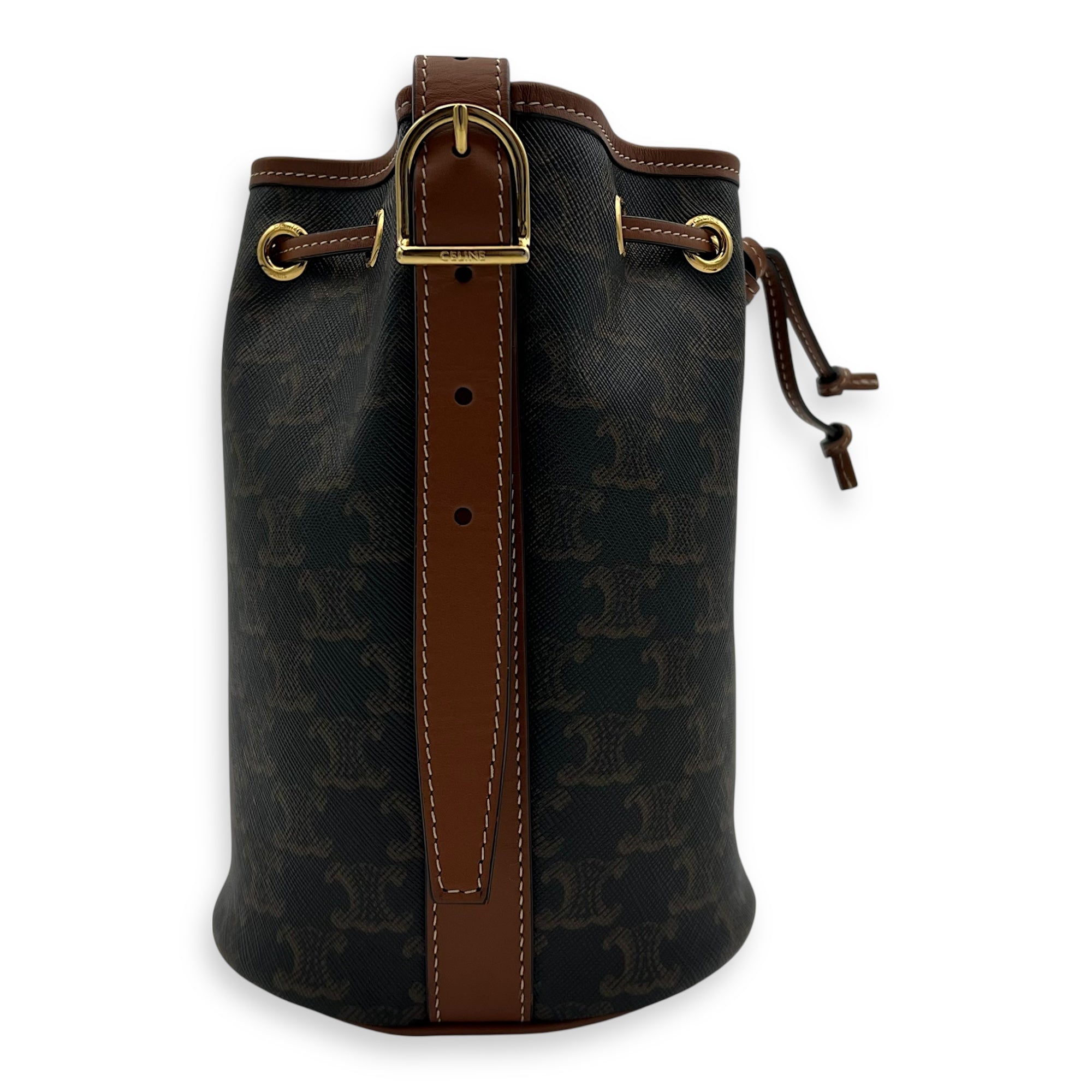 Celine Triomphe Bucket Bag Brown in Coated Canvas, Gold hardware_3