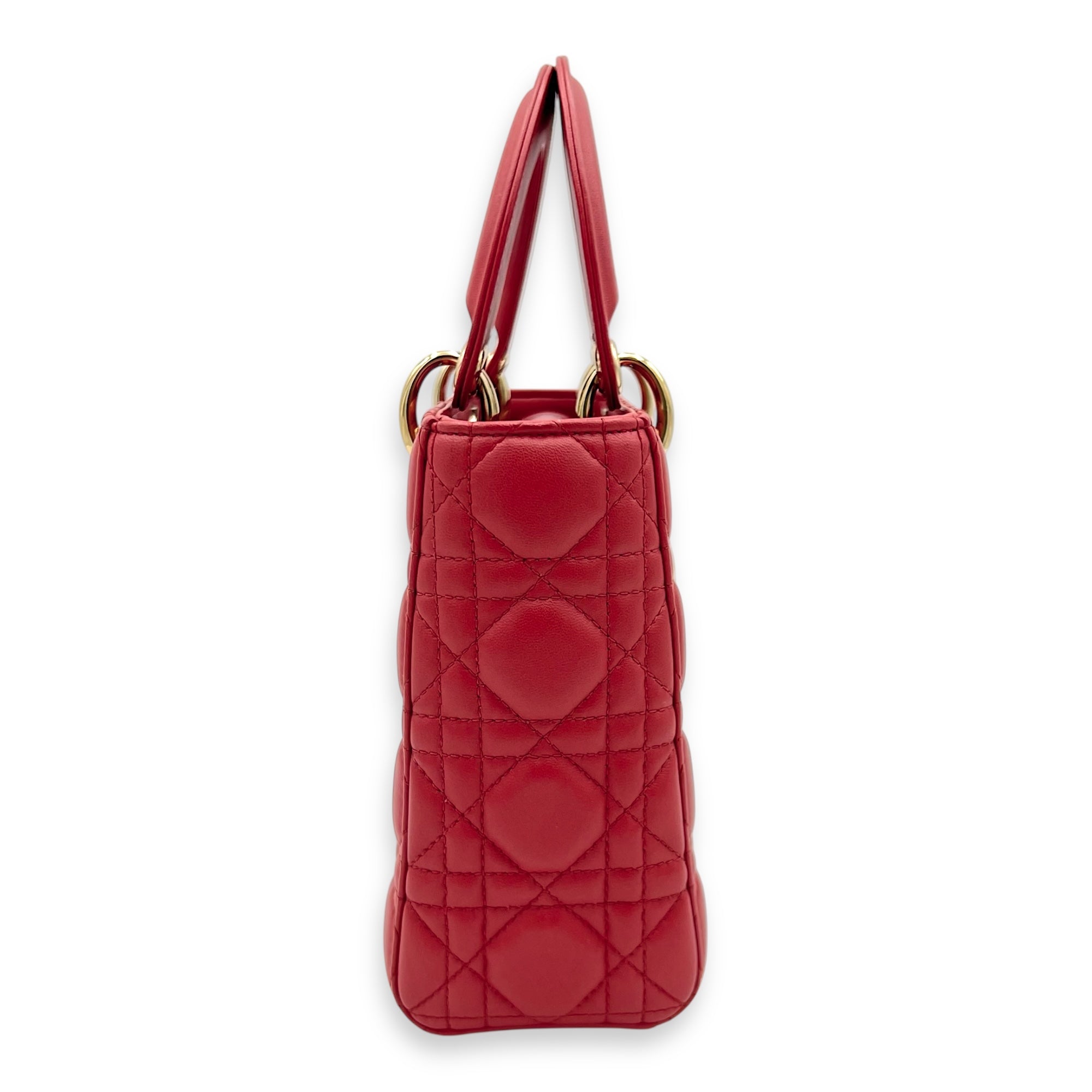 Dior Lady Dior Small Red Top Handle Bag in Lambskin, Gold hardware_8