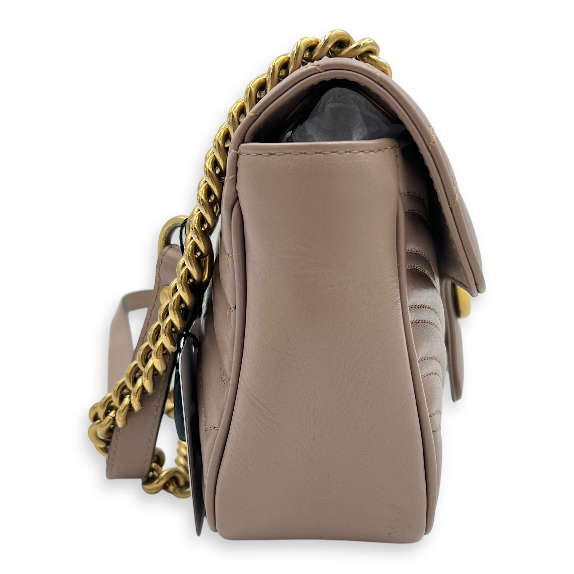 Gucci GG Marmont Shoulder Bag Beige in Calfskin, Gold hardware_5
