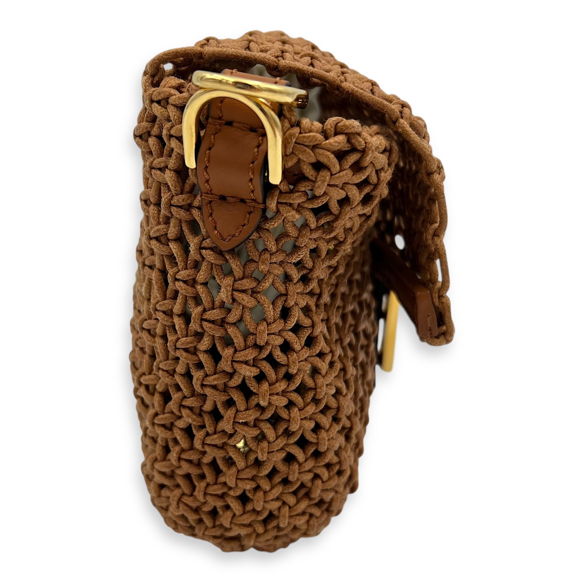 Fendi Baguette Shoulder Bag Brown in Braided leather, Gold hardware_3