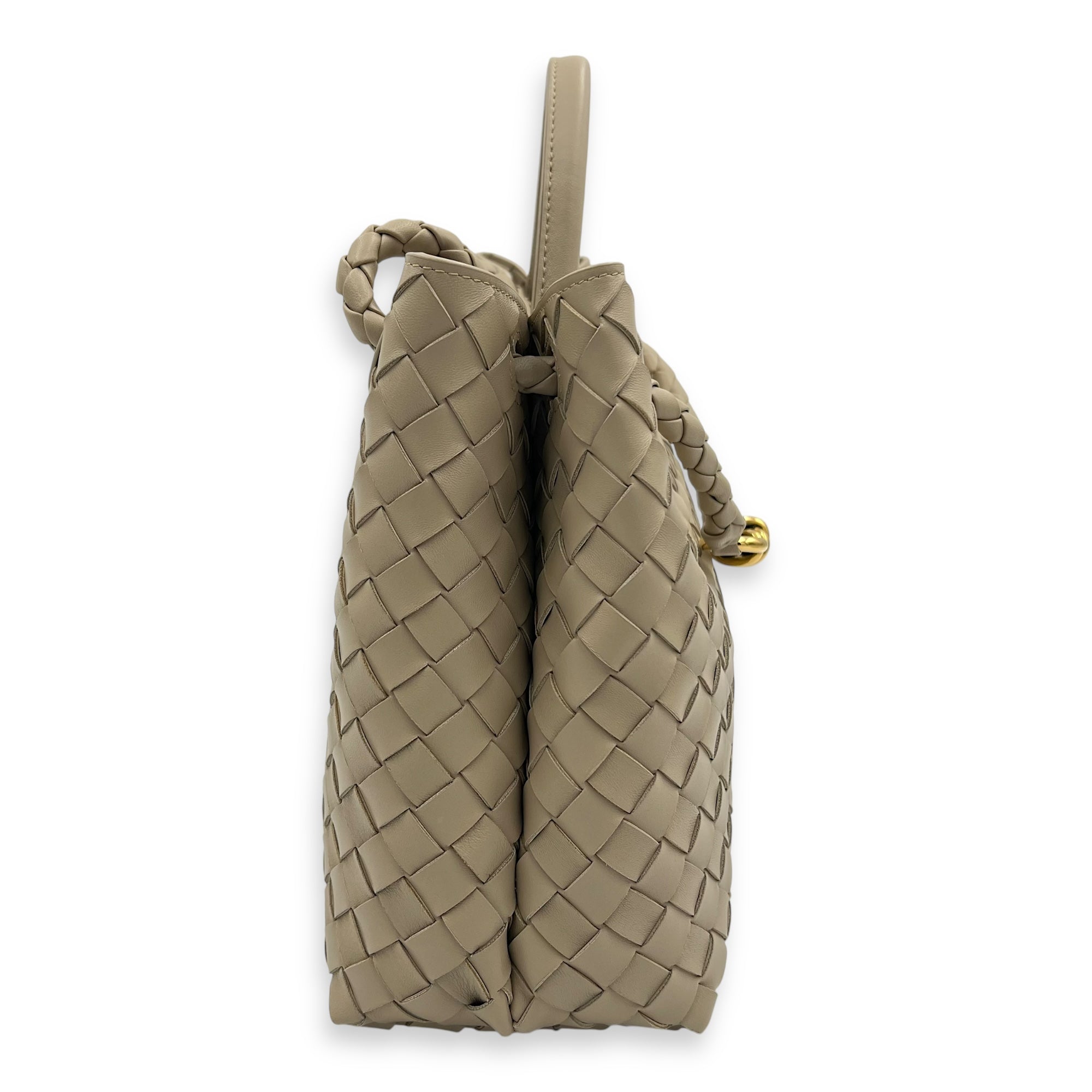 Bottega Veneta Andiamo Medium Beige Top Handle Bag in Calfskin, Gold hardware_5