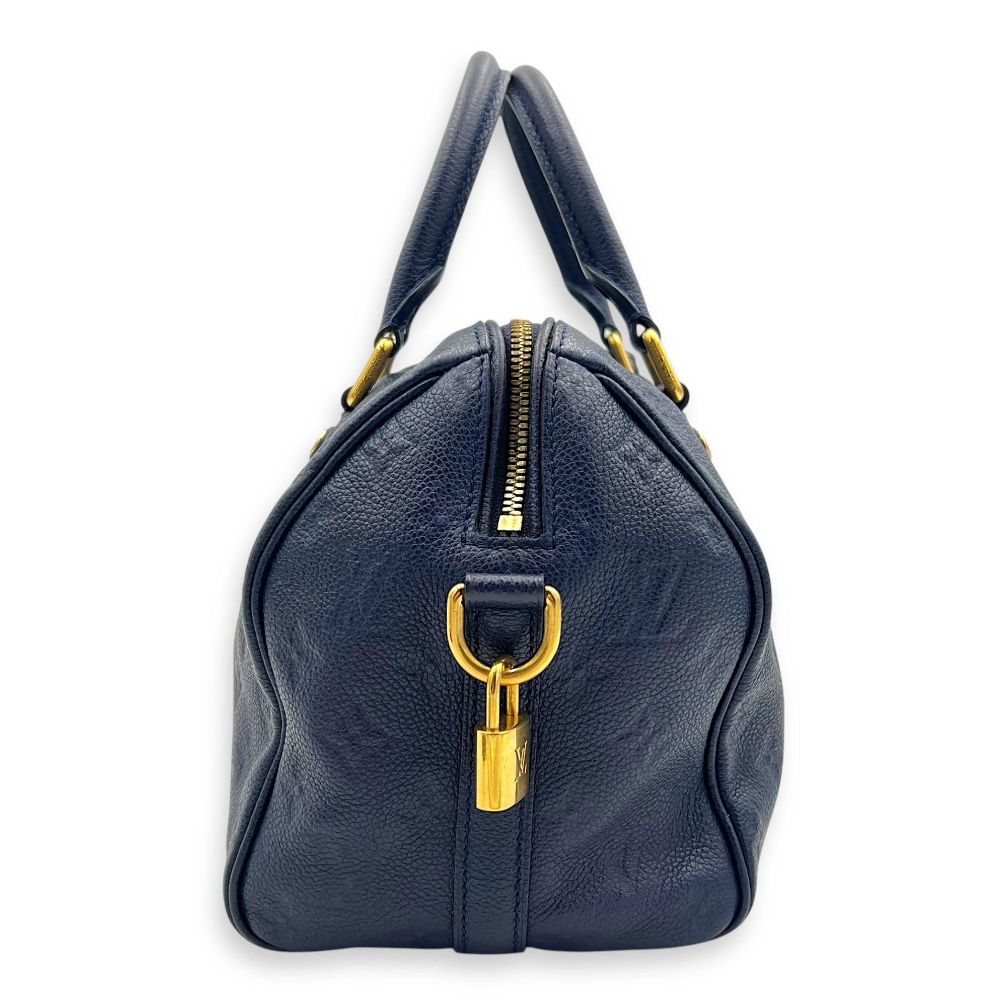 Louis Vuitton Speedy Bandouliere Top Handle Bag Blue in Empreinte Leather, Gold hardware_12