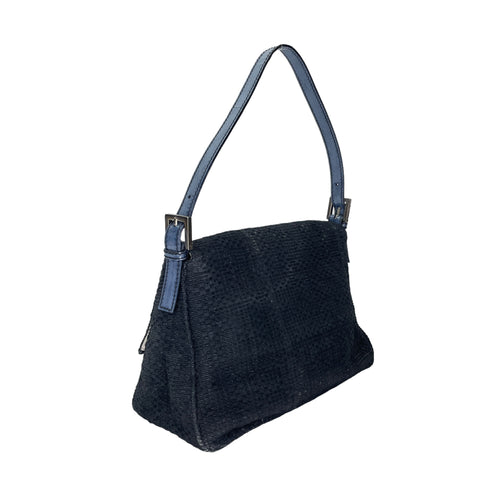 Mamma Baguette Black Shoulder Bag in Canvas, Silver hardware