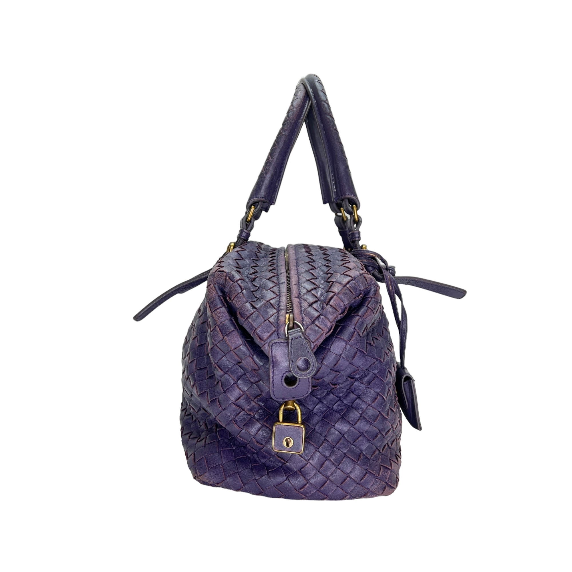 Boston Purple Top Handle Bag in Intrecciato Leather, Brushed Gold hardware