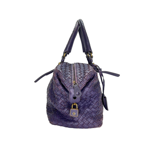 Boston Purple Top Handle Bag in Intrecciato Leather, Brushed Gold hardware