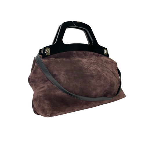 Gancini Two-Way Brown Top Handle Bag in Suede Leather, Silver hardware