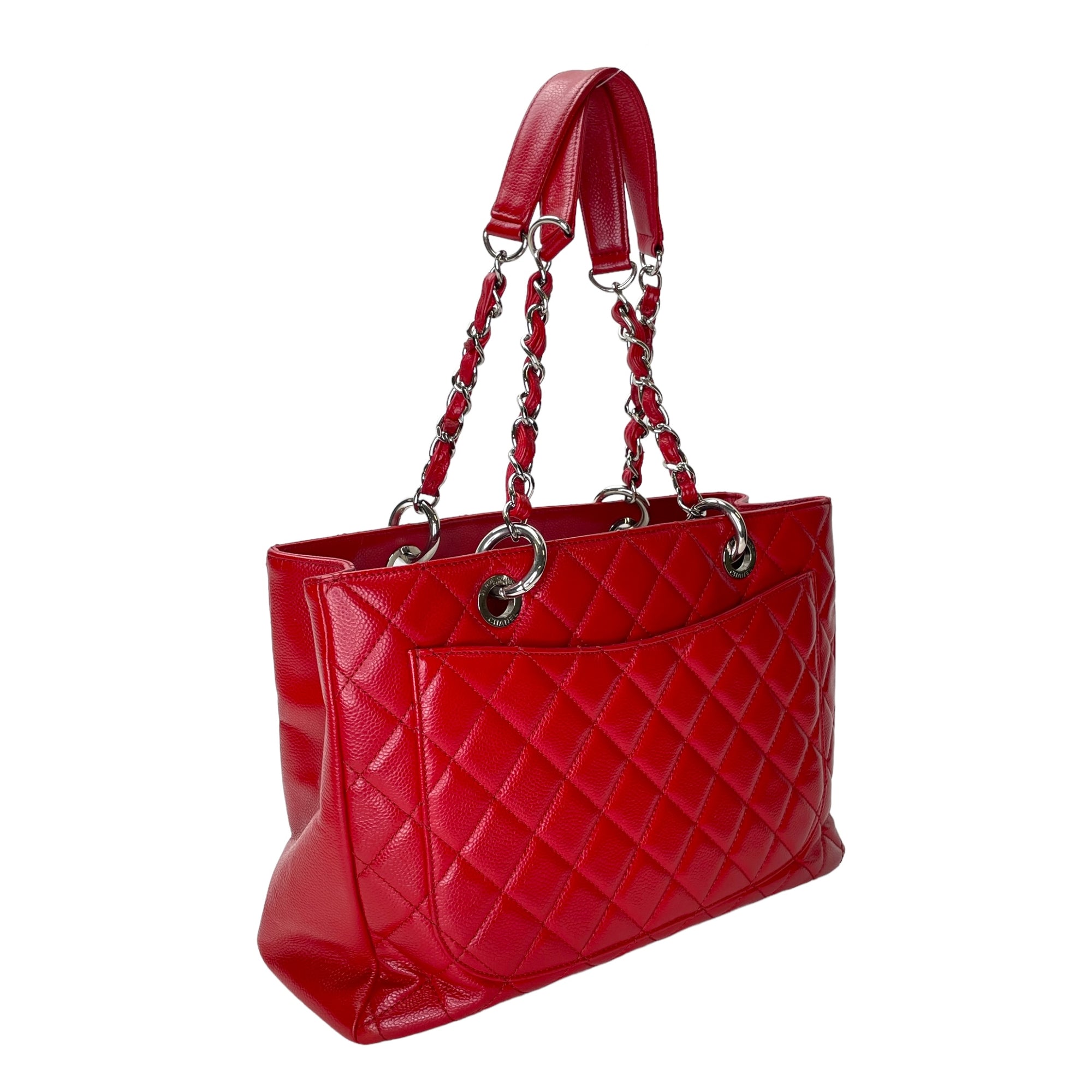 GST Red Tote Bag in Caviar Leather, Sliver hardware