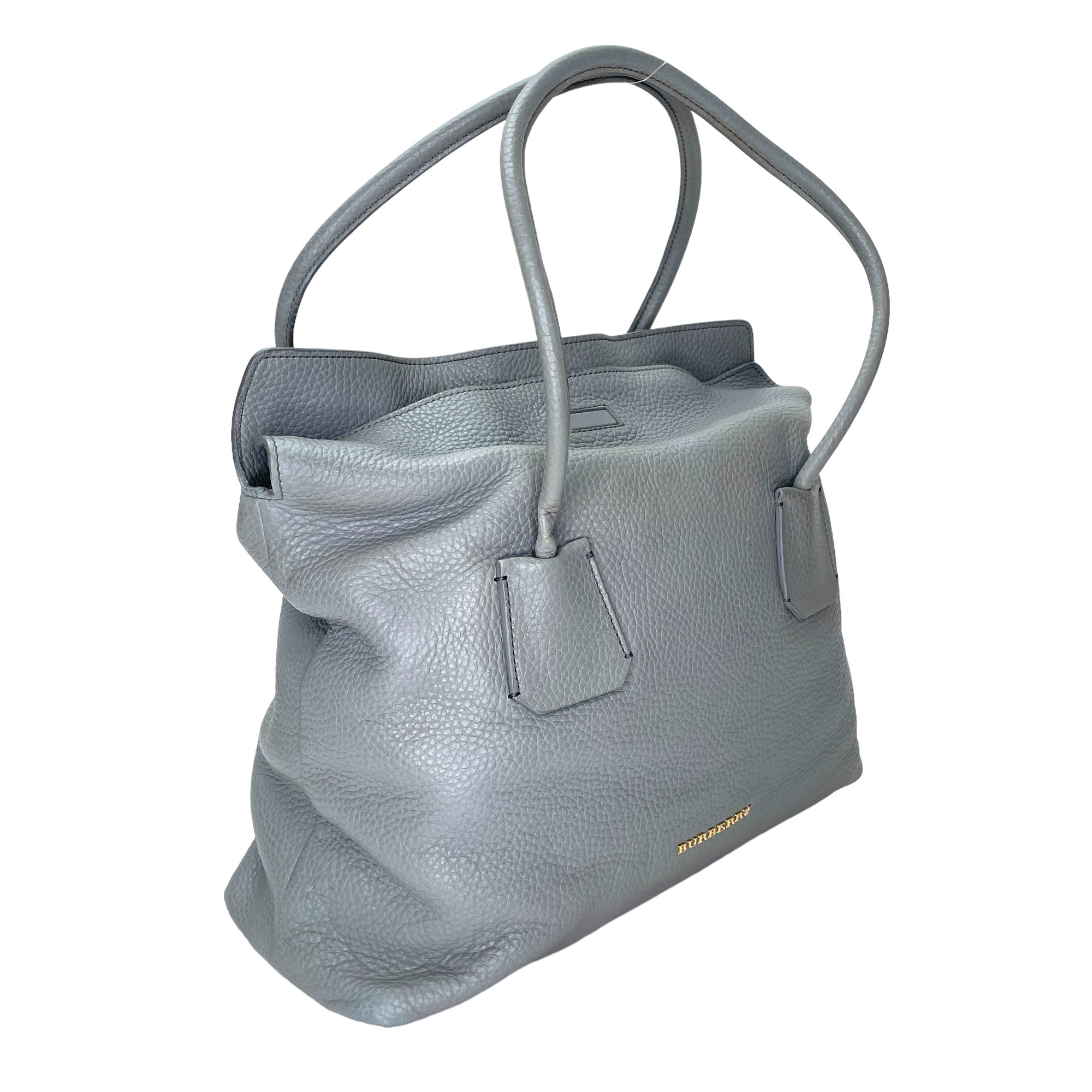 Grained M Grey Top Handle Bag in Calfskin, Gold hardware