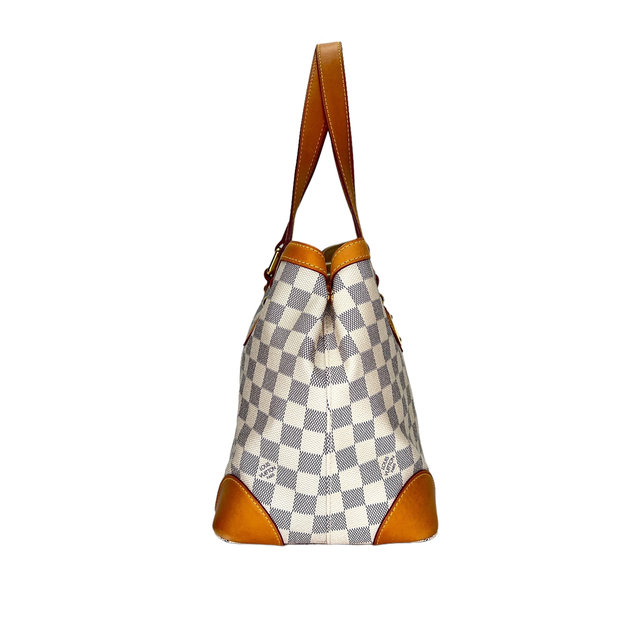 Hampstead PM Damier Azur Top Handle Bag in Coated Canvas, Gold hardware