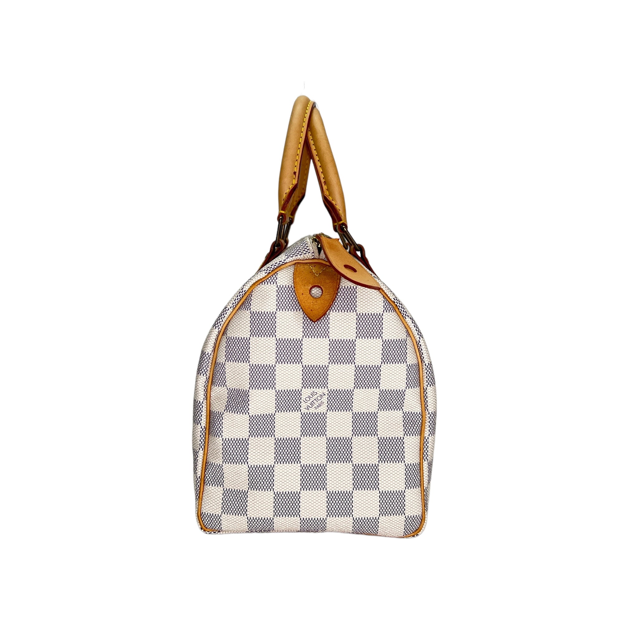 Speedy 25 Damier Azur Top Handle Bag in Coated Canvas, Gold hardware